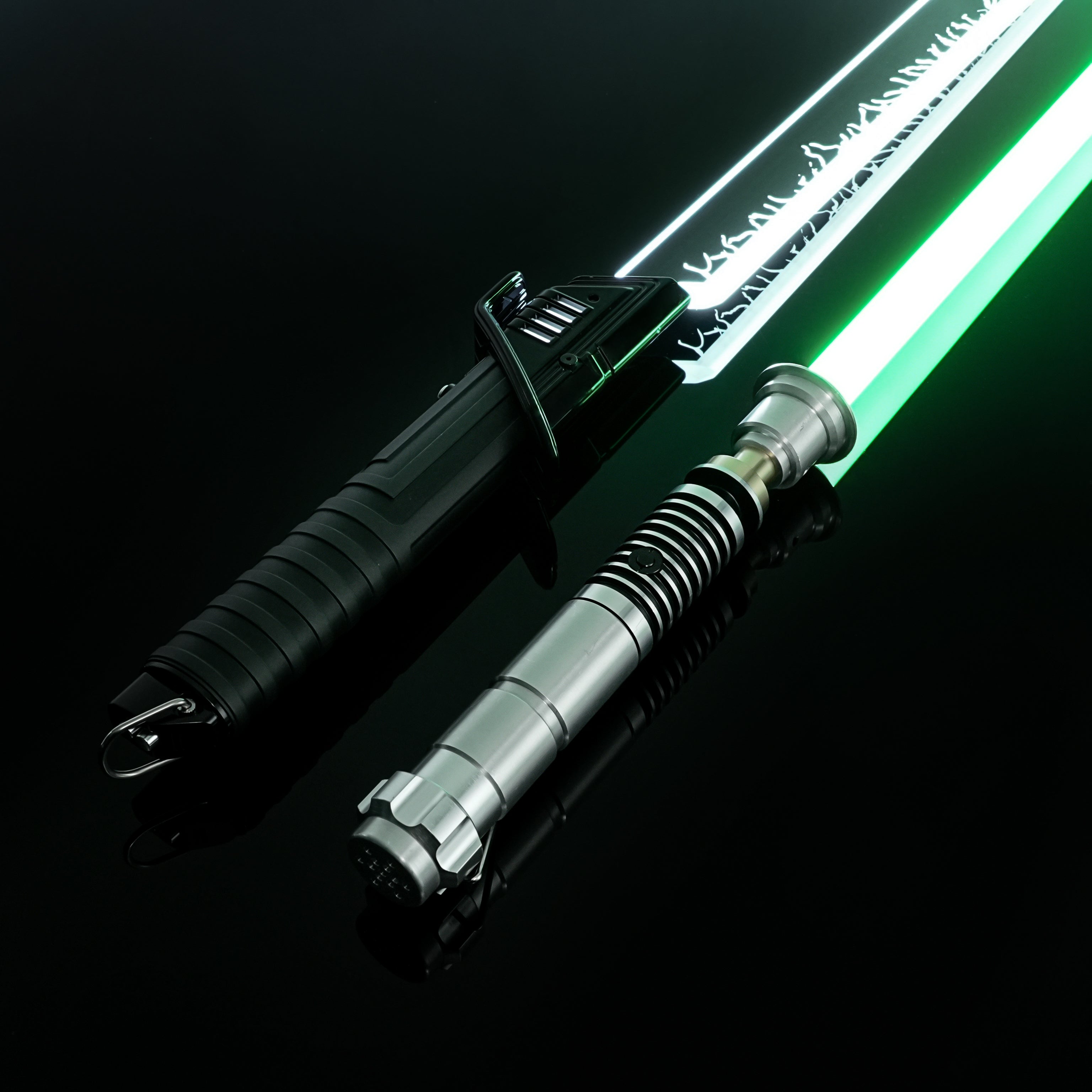 Premium metal hilts of Mandalorian Darksaber and Luke Skywalker replica lightsabers