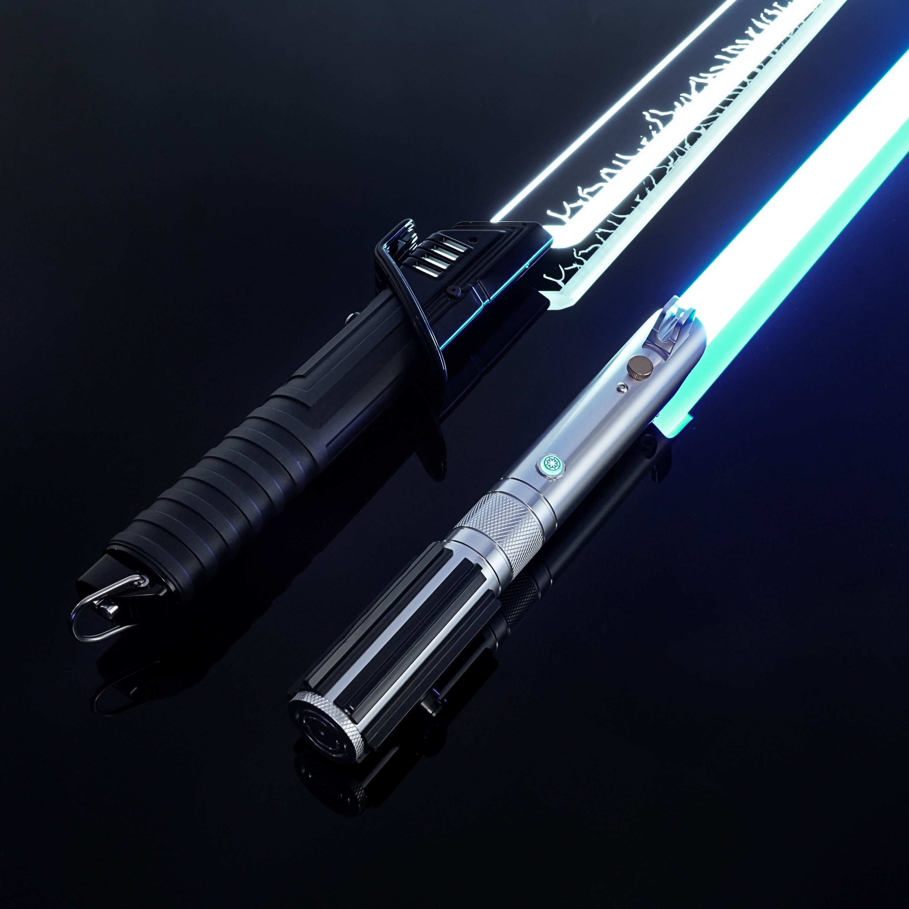 Metal hilts of Anakin Skywalker and Mandalorian Darksaber replica lightsabers