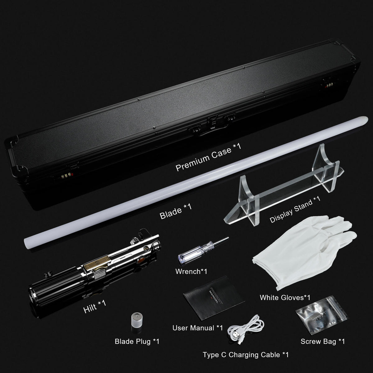 Package contents including Ani EP3 metal hilt, blade, tool bag, and accessories