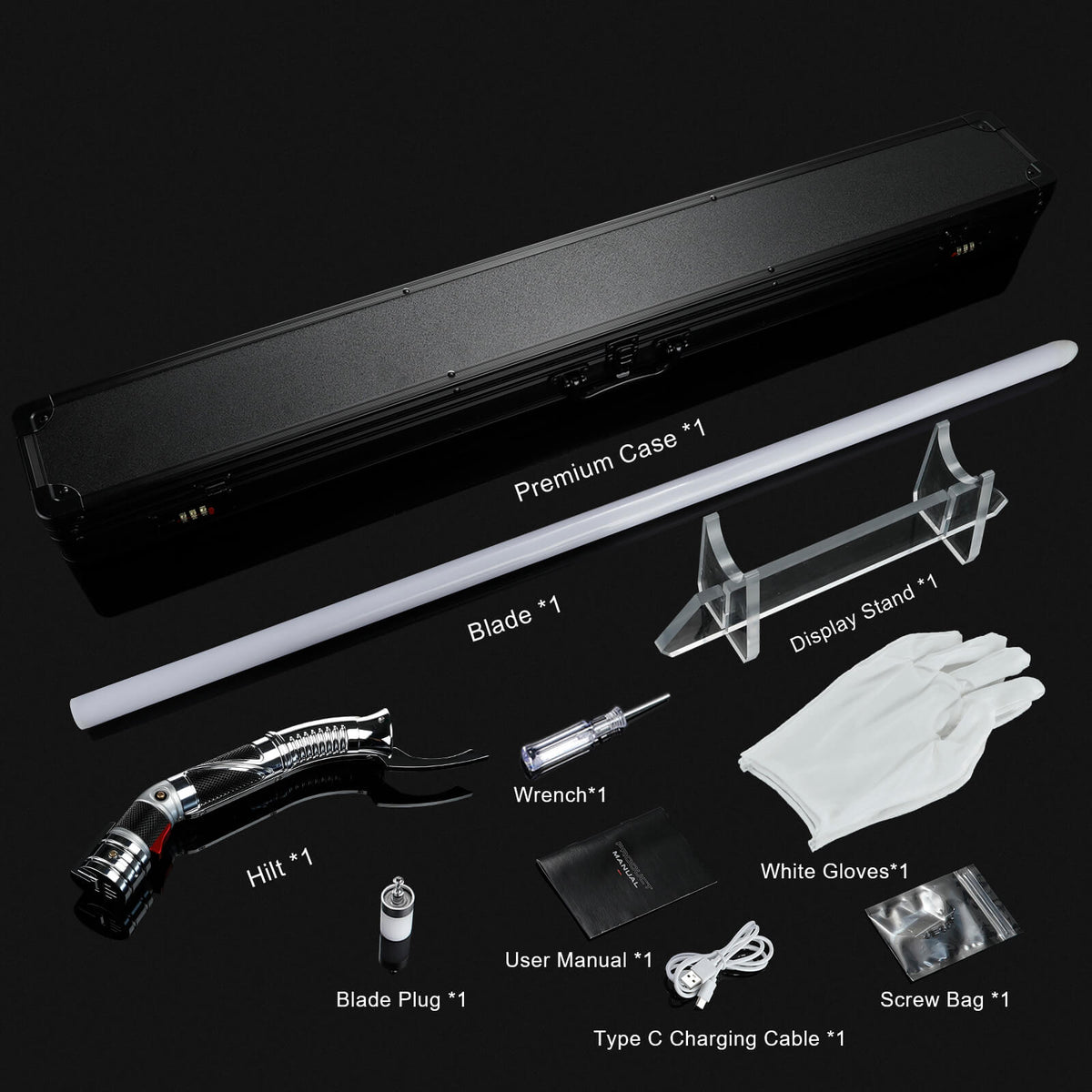 Package contents for Dooku curved lightsaber including blade and accessories