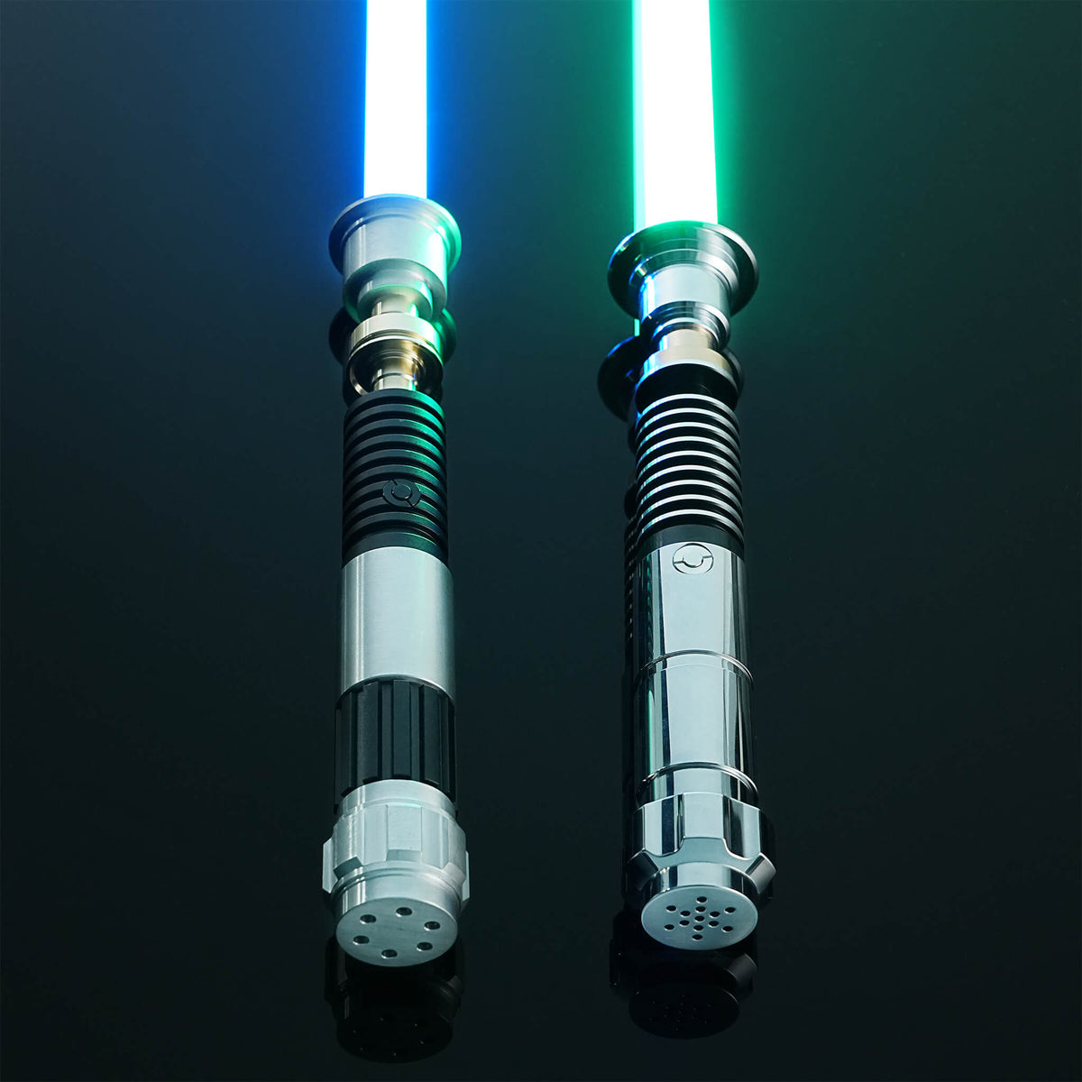 Vertical display of Obi-Wan Kenobi blue lightsaber and Luke EP6 green thin neck lightsaber
