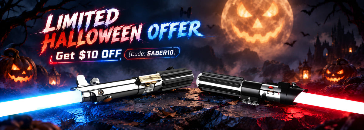 Halloween Sale Banner - $10 Off Coupon Code SABER10 for Metal Hilt FX Lightsabers