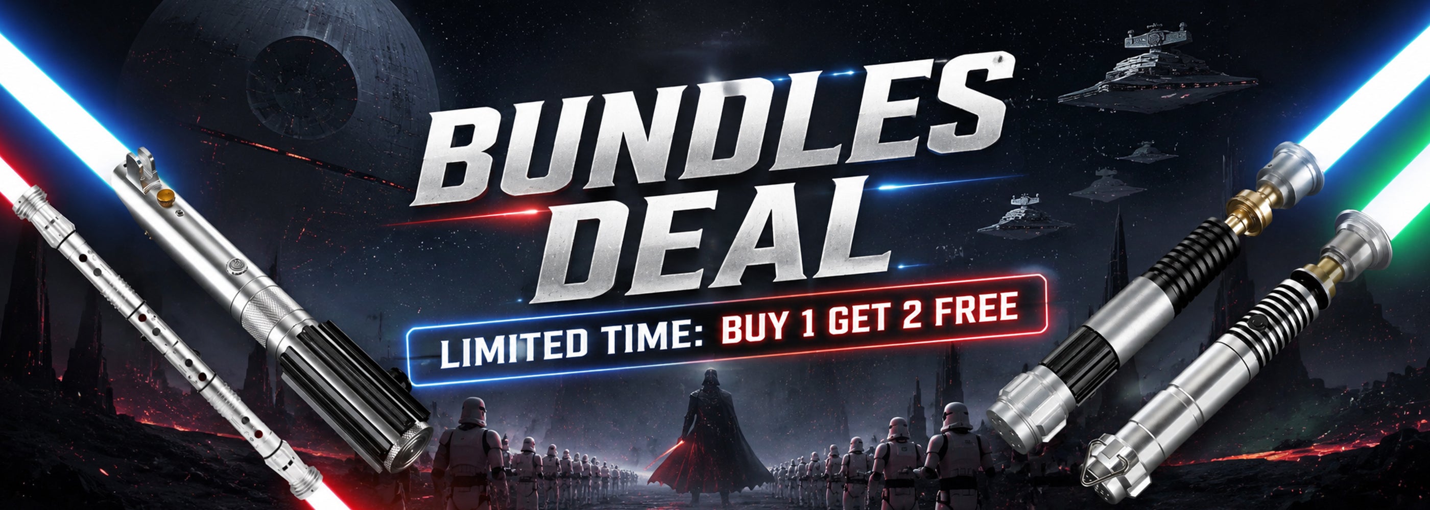 Lightsaber.com promotional banner for Bundles Deal with "Buy 1 Get 2 Free" special offer
