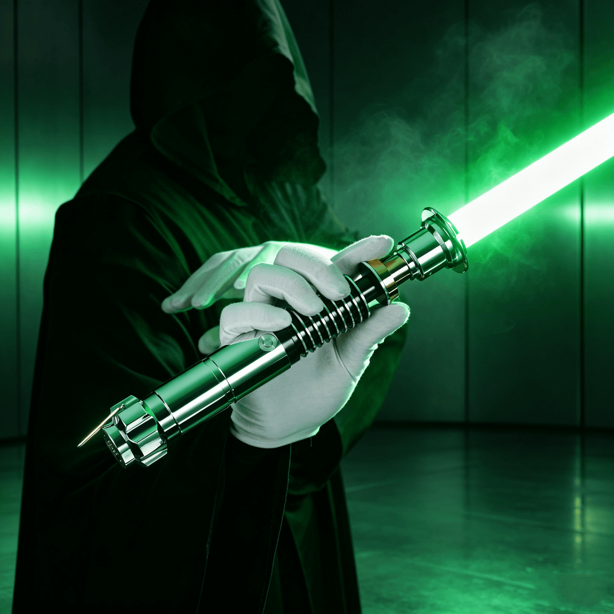 Person in hooded Jedi robe holding Luke EP6 Premium Metal Lightsaber