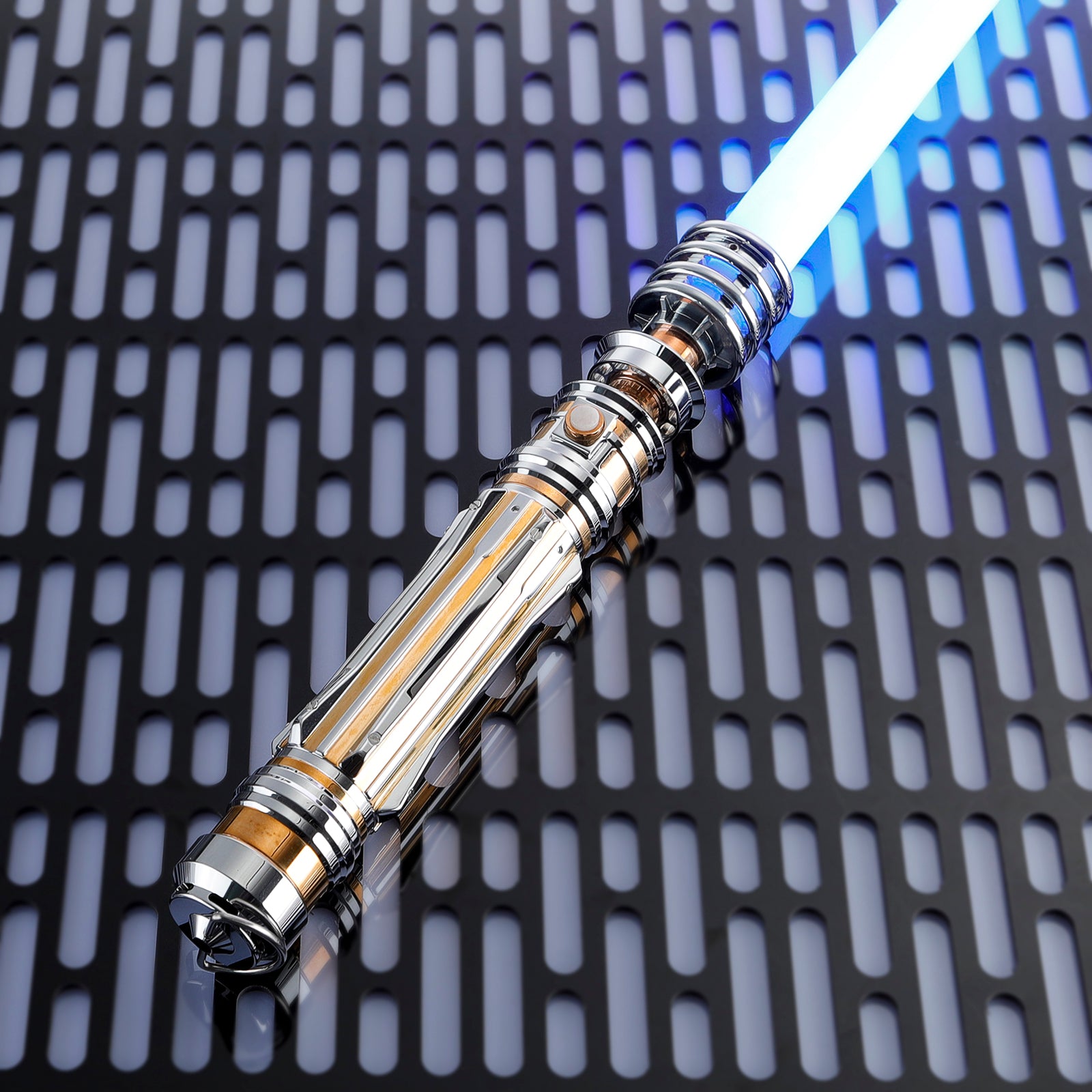 Close-up of Leia Saber reinforced aluminum hilt with anti-slip grip and elegant chrome accents