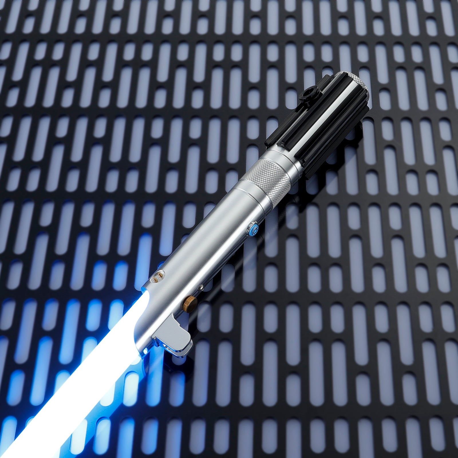 Anakin Skywalker Lightsaber Angled View, Blue Pixel LED Blade & Precision Craftsmanship