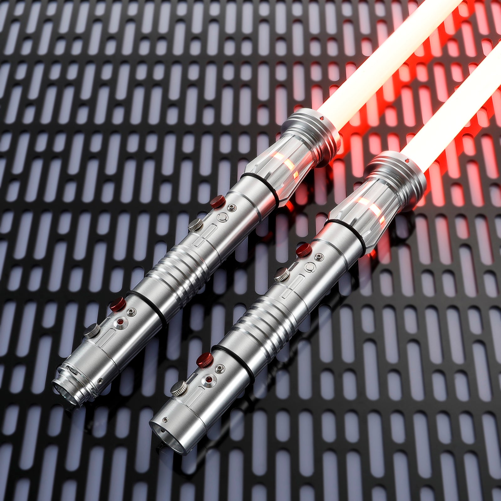 Darth Maul Lightsaber Silver Hilts Dual Red Blades Angled View