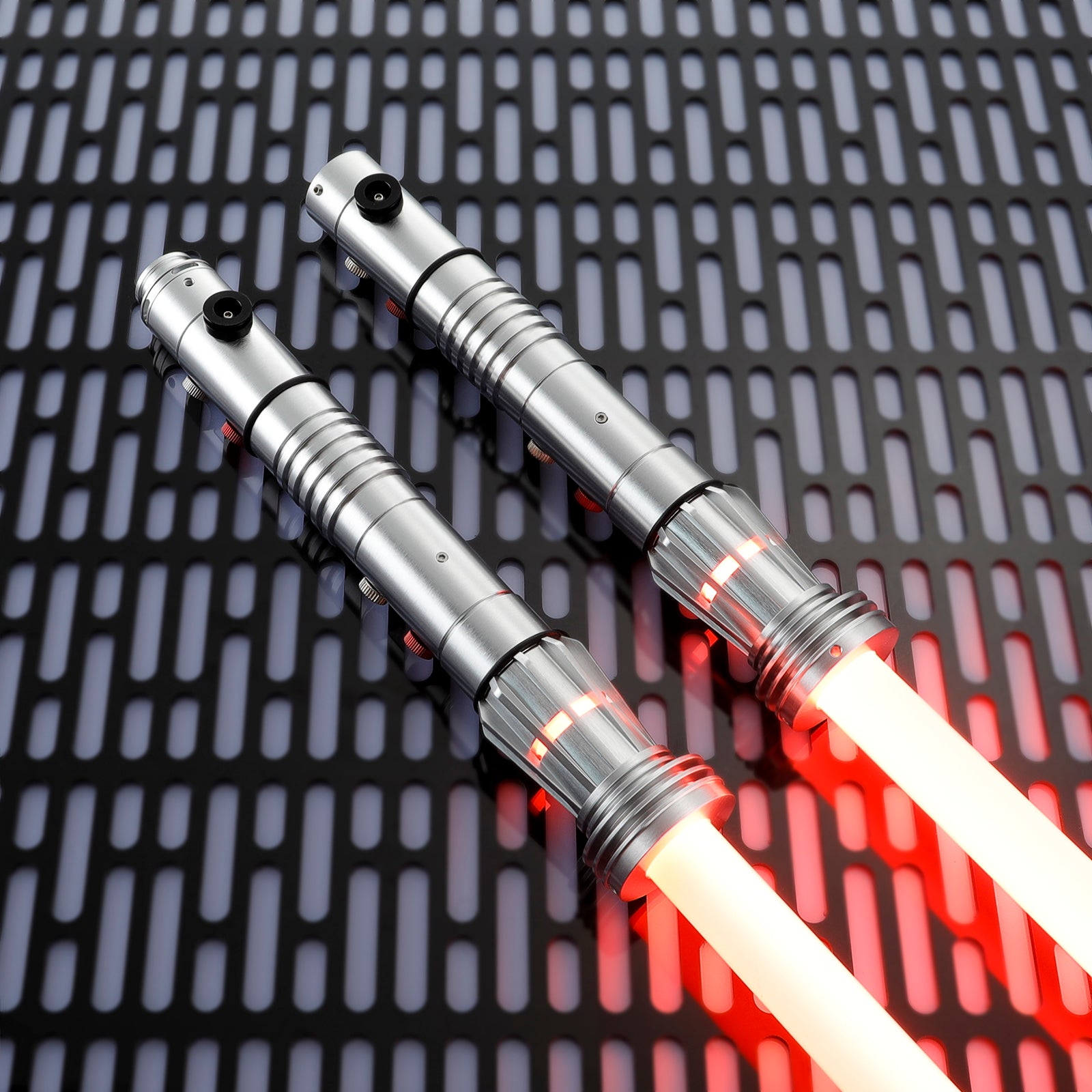 Darth Maul Lightsaber Silver Hilts Dual Blades Angled View