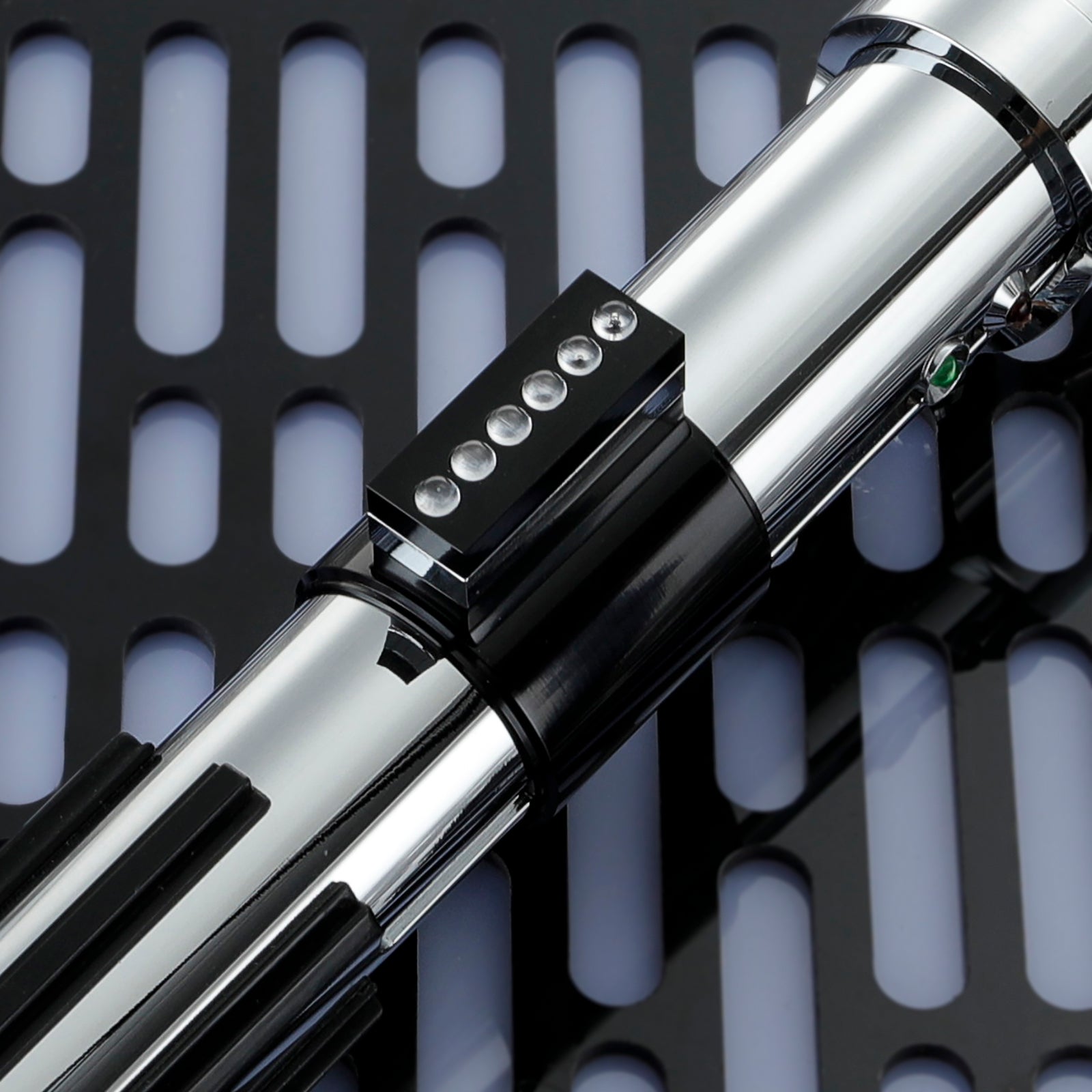 Detailed Side View of Anakin EP2 Hilt, Iconic Chrome Finish and Button Detailing