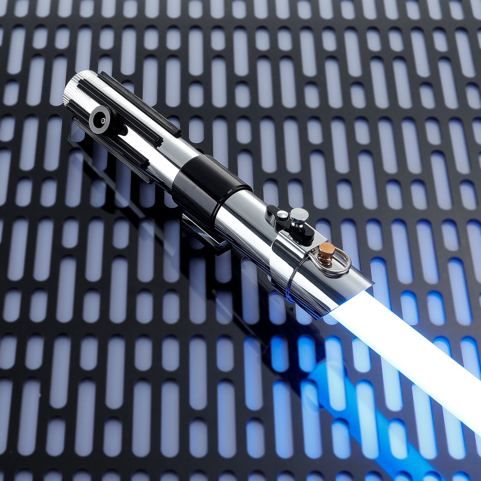 Close-up of Anakin EP2 Saber Emitter, Battle-Ready Polycarbonate Blade Attached