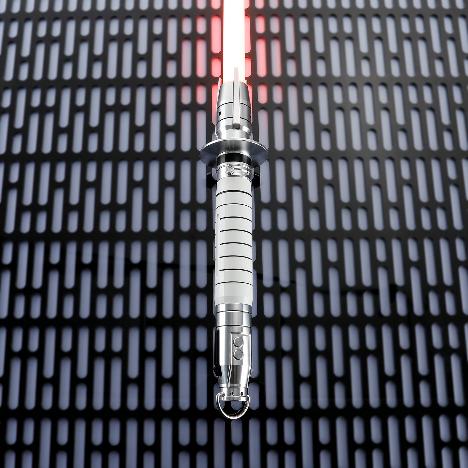 Detailed View of Shin Hati Saber Hilt Emitter with Polished Chrome Finish