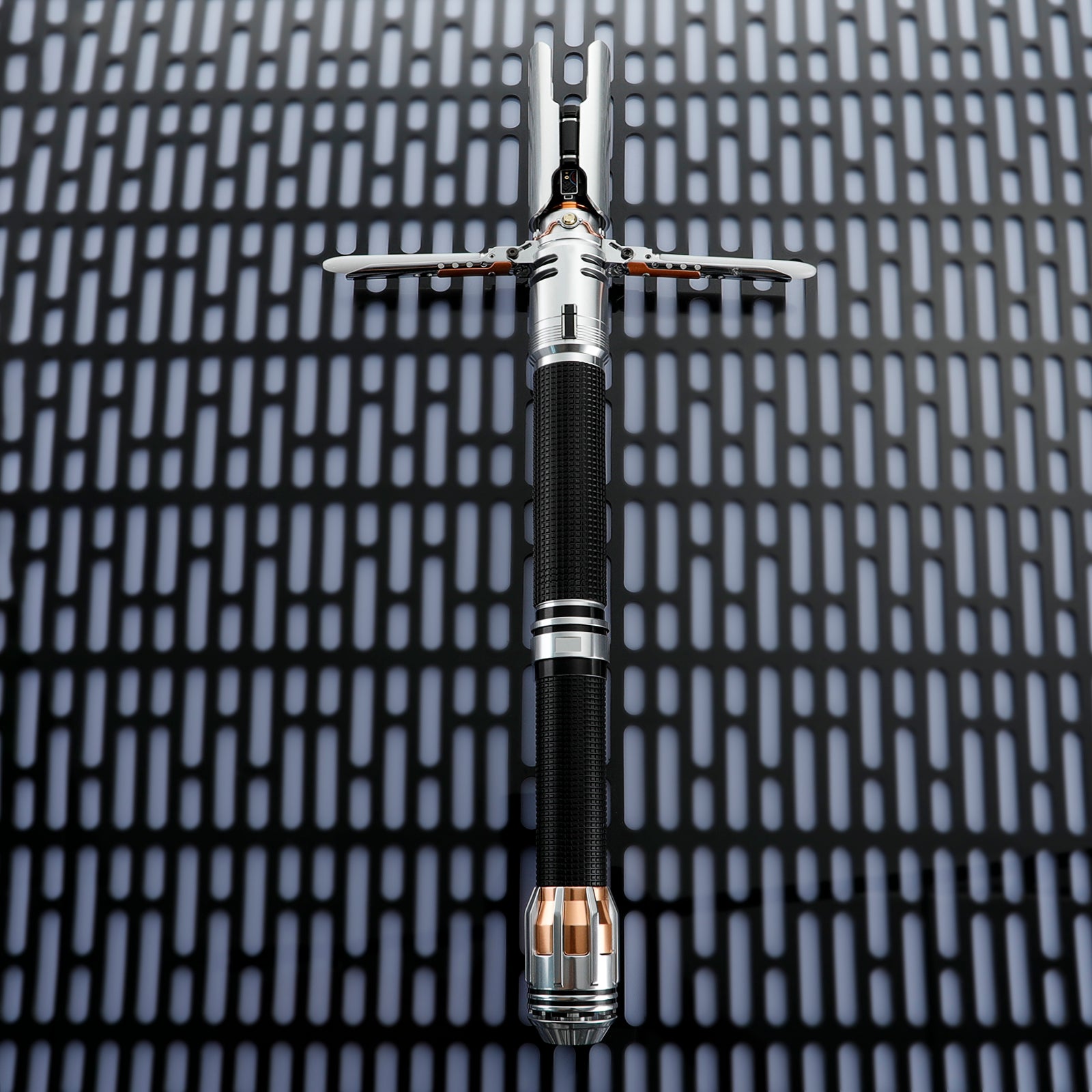 Vertical View of Cal Kestis Crossguard Hilt, Authentic Jedi Survivor Game Replica