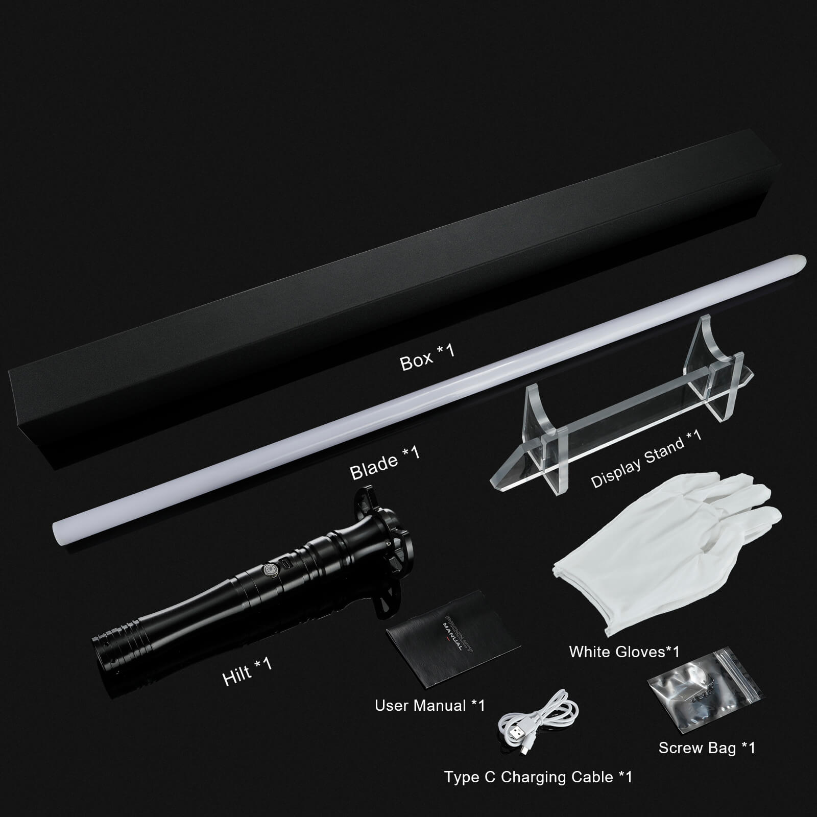 Full lightsaber kit containing metal hilt charging cable tools and display stand