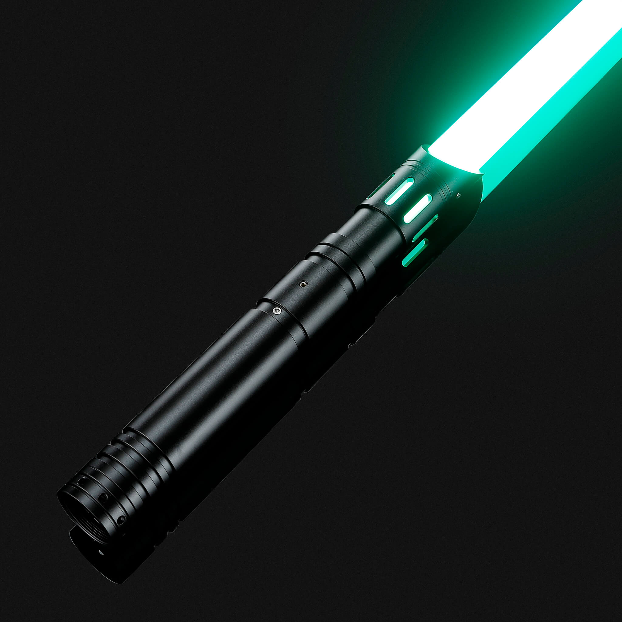 Heavy dueling combat light saber with matte black aluminum hilt and green LED blade