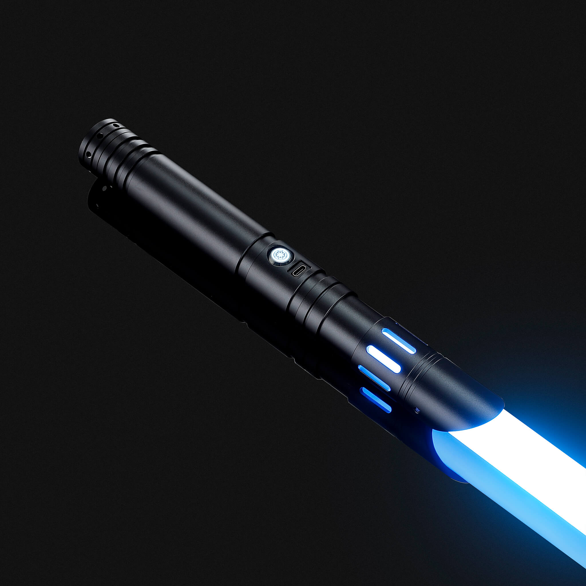 Premium black hilt RGB FX saber featuring a glowing blue combat-ready blade