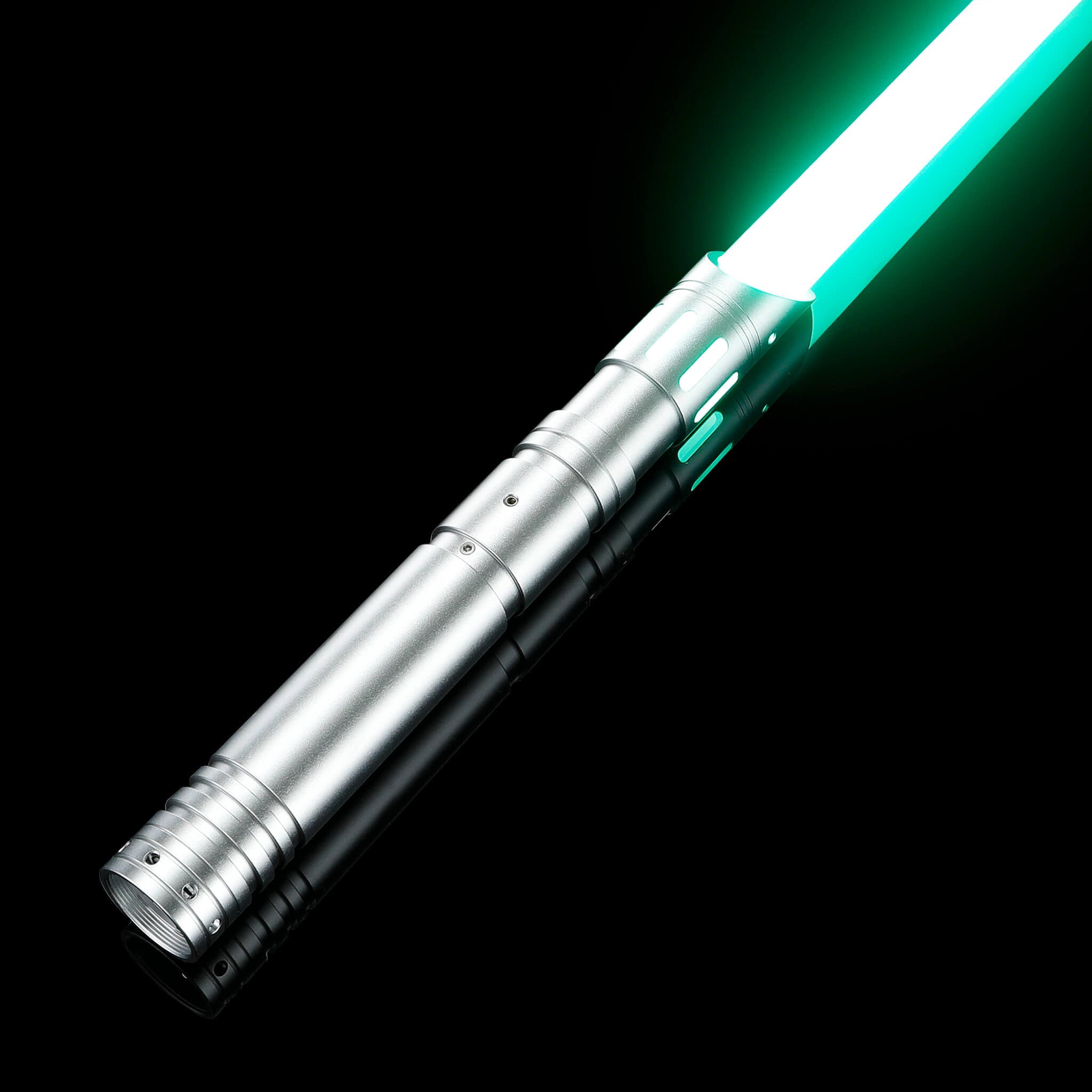 Premium silver finish FX combat light saber featuring a heavy dueling green blade