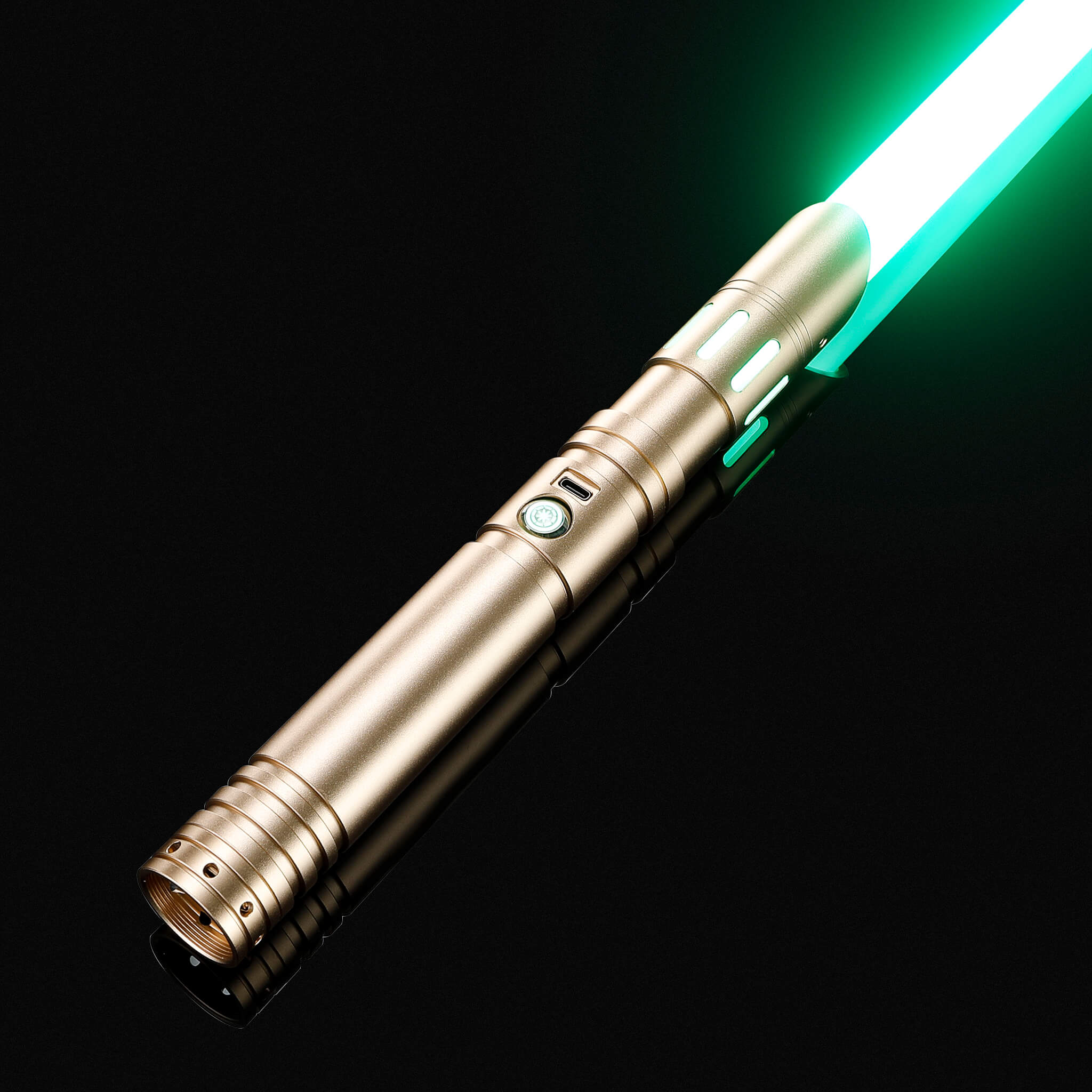 Elite gold anodized aluminum combat light saber with a vibrant green LED blade
