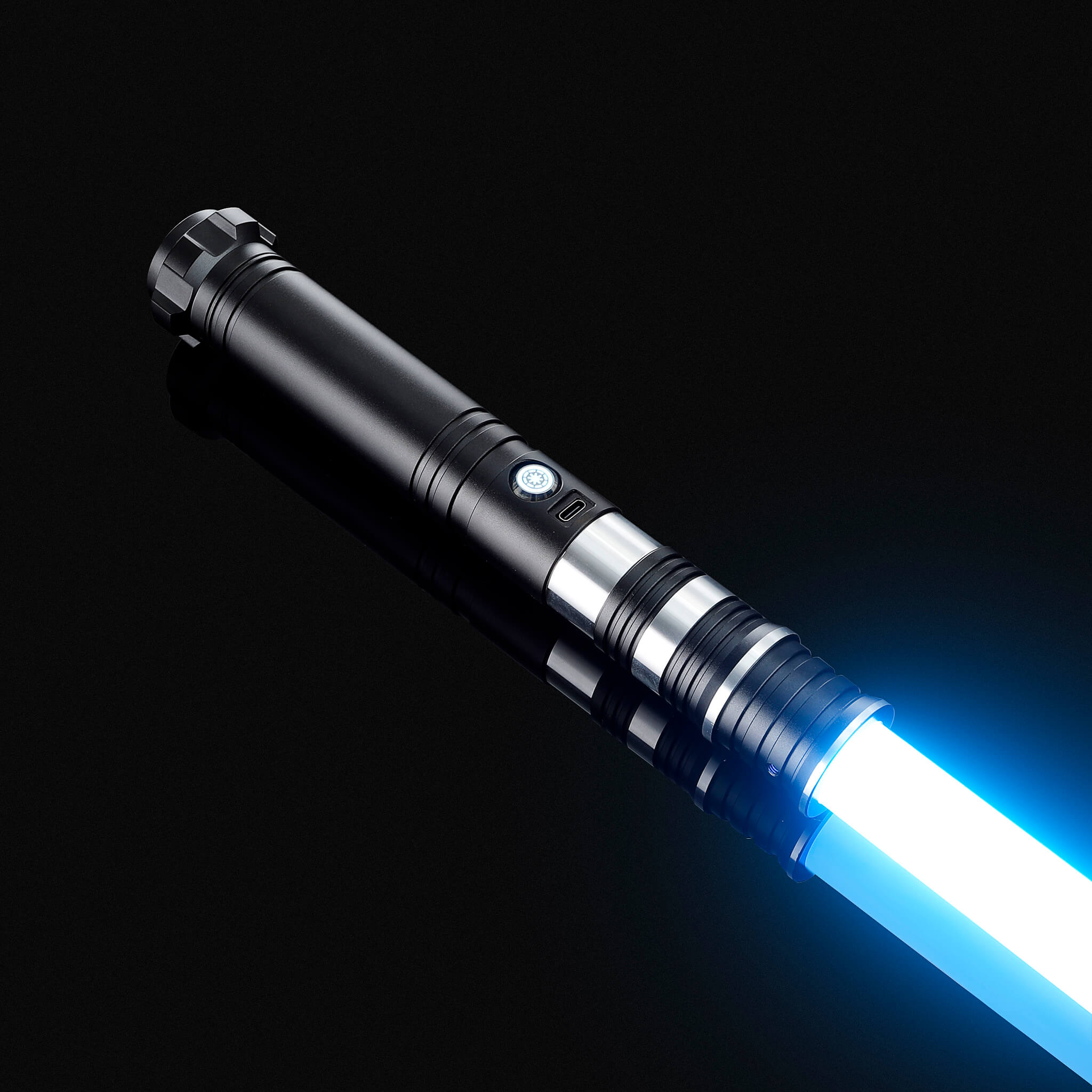 High performance combat saber with black aluminum handle illuminating a bright blue light