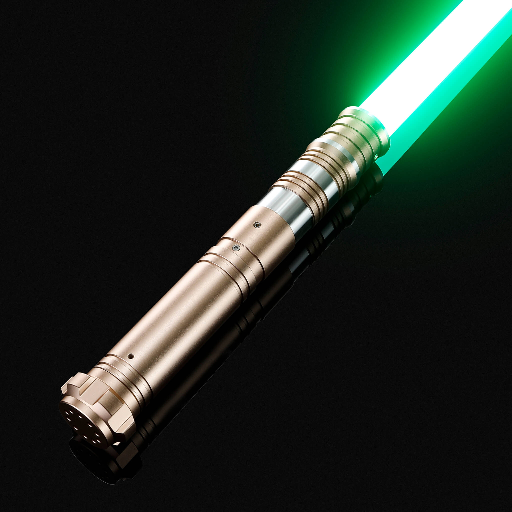 Smooth swing RGB pixel saber with a premium gold hilt and vibrant green combat blade