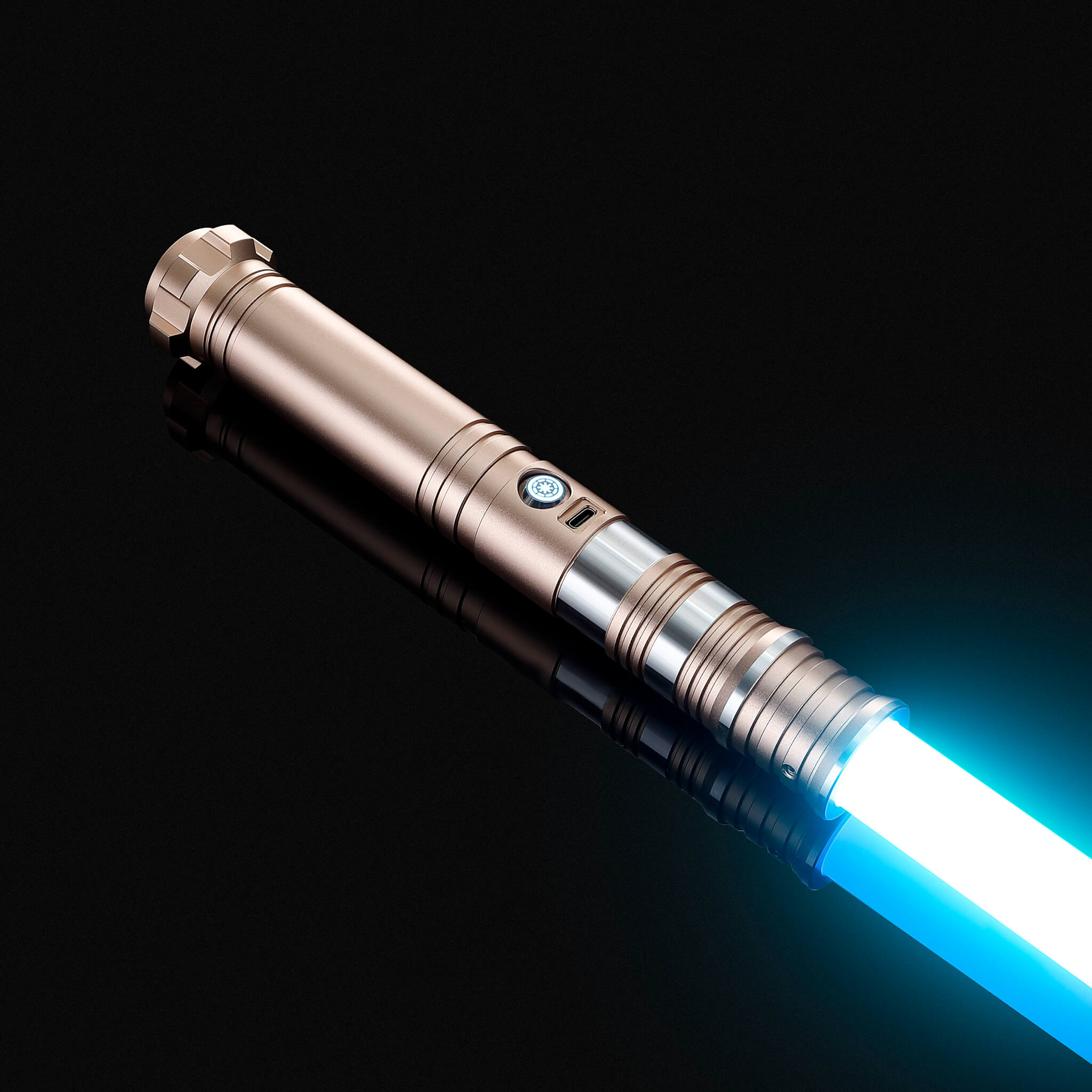 Special edition metallic hilt FX combat light saber paired with a glowing blue blade
