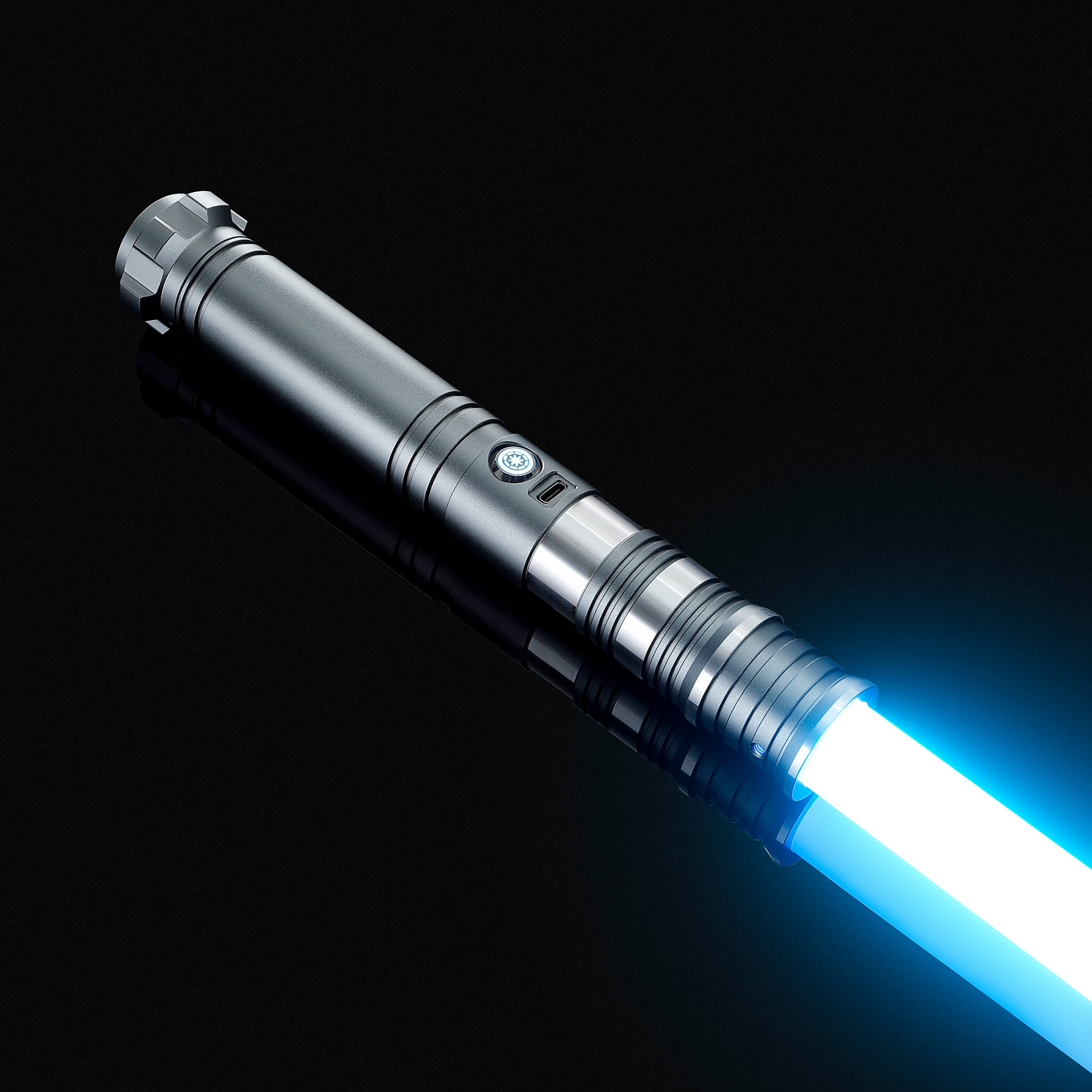 Premium gray metal handle FX combat saber igniting a glowing ice blue blade