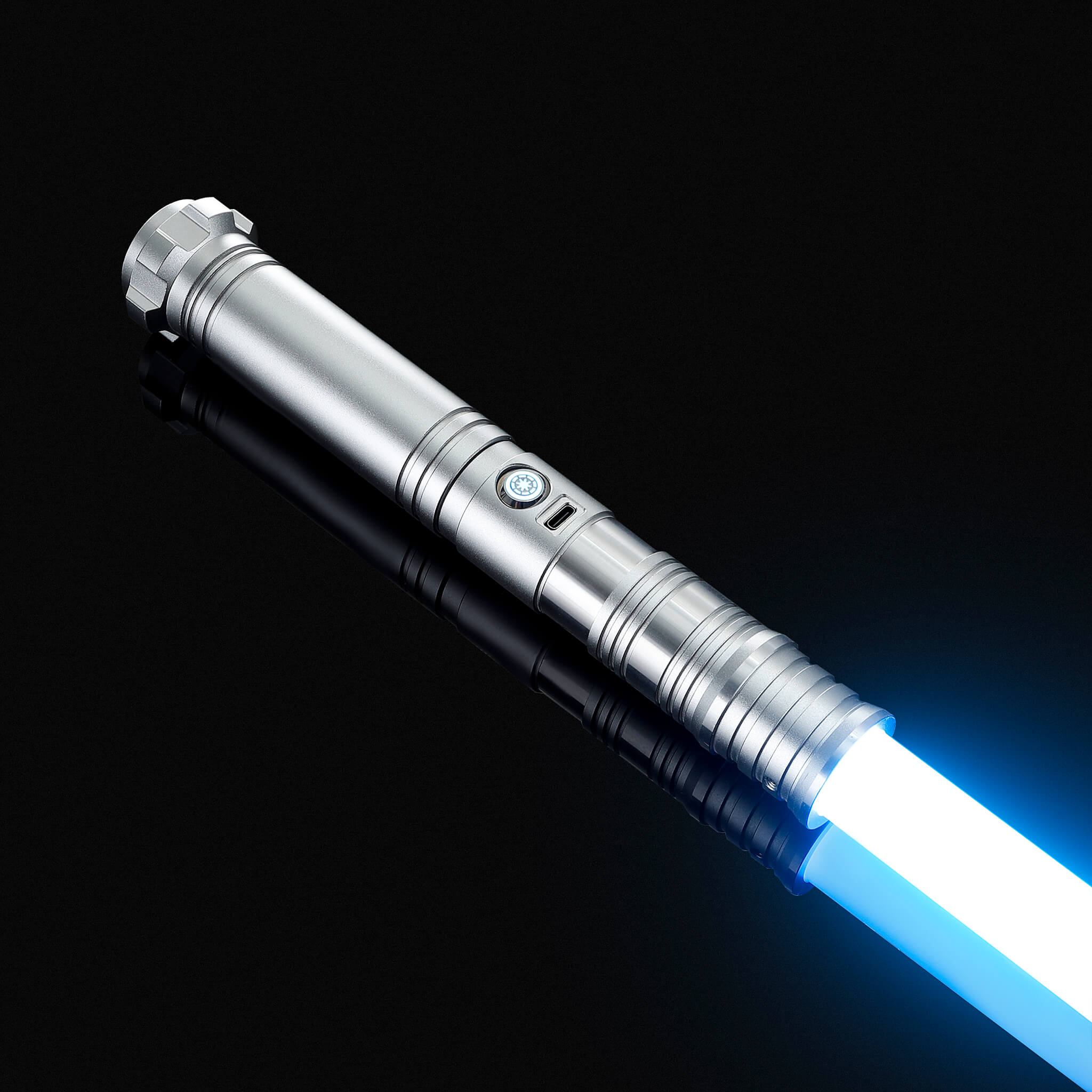 silver metal handle combat saber illuminating a realistic blue battle blade