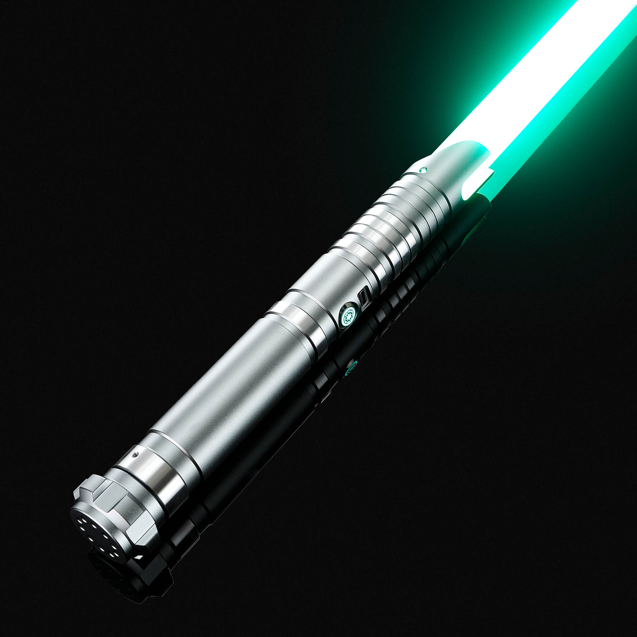 Premium silver handle light saber illuminated with a vibrant green blade for cosplay.