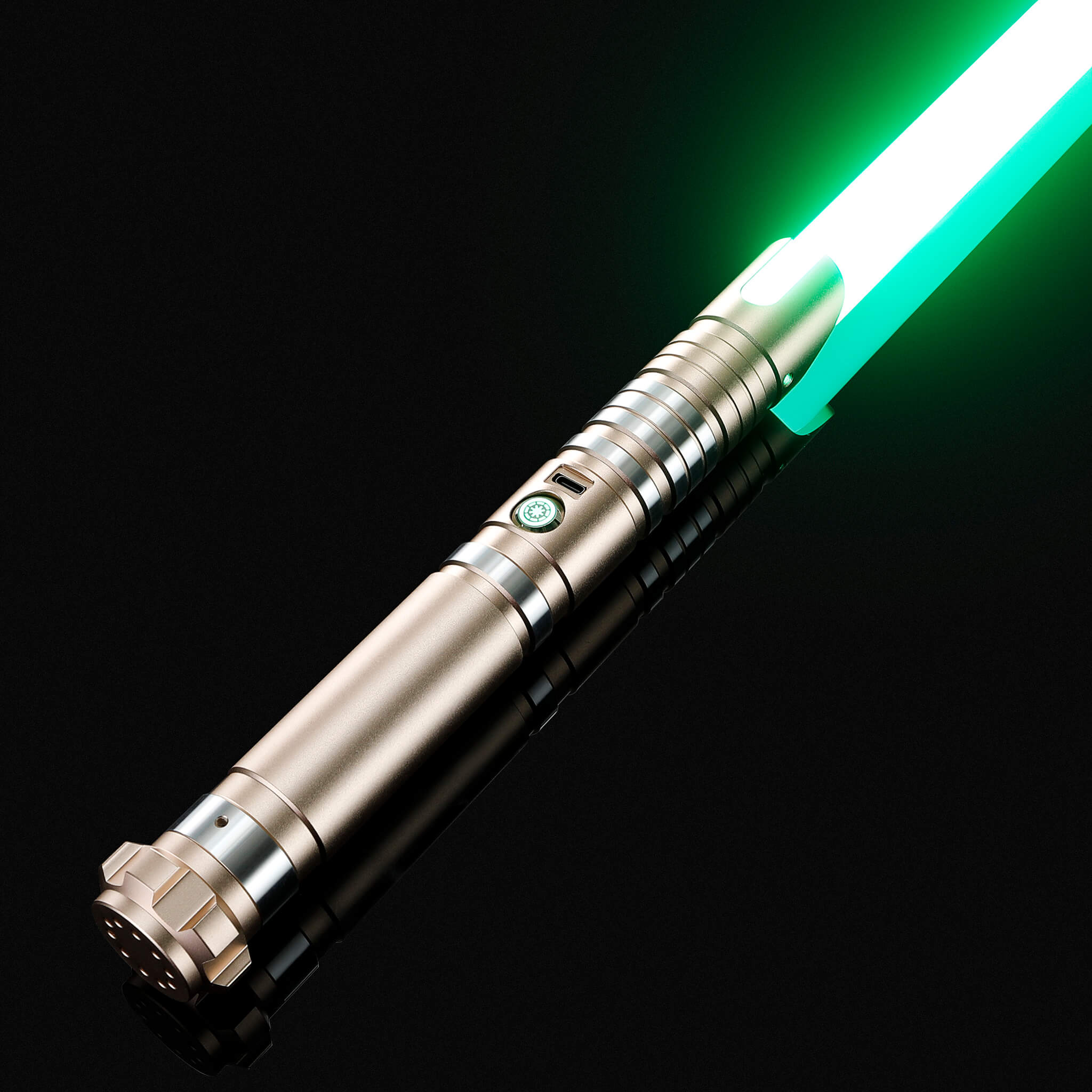 Gold metal hilt replica light saber illuminated with a vibrant green blade.
