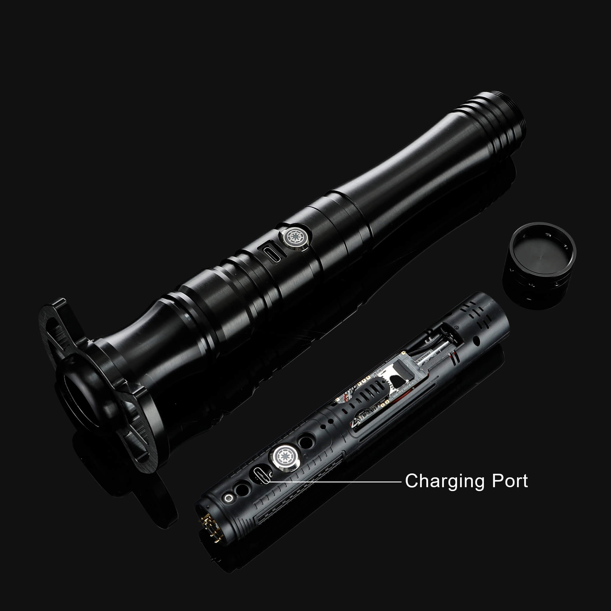 Internal view of the metal lightsaber hilt showing battery chassis and charging port