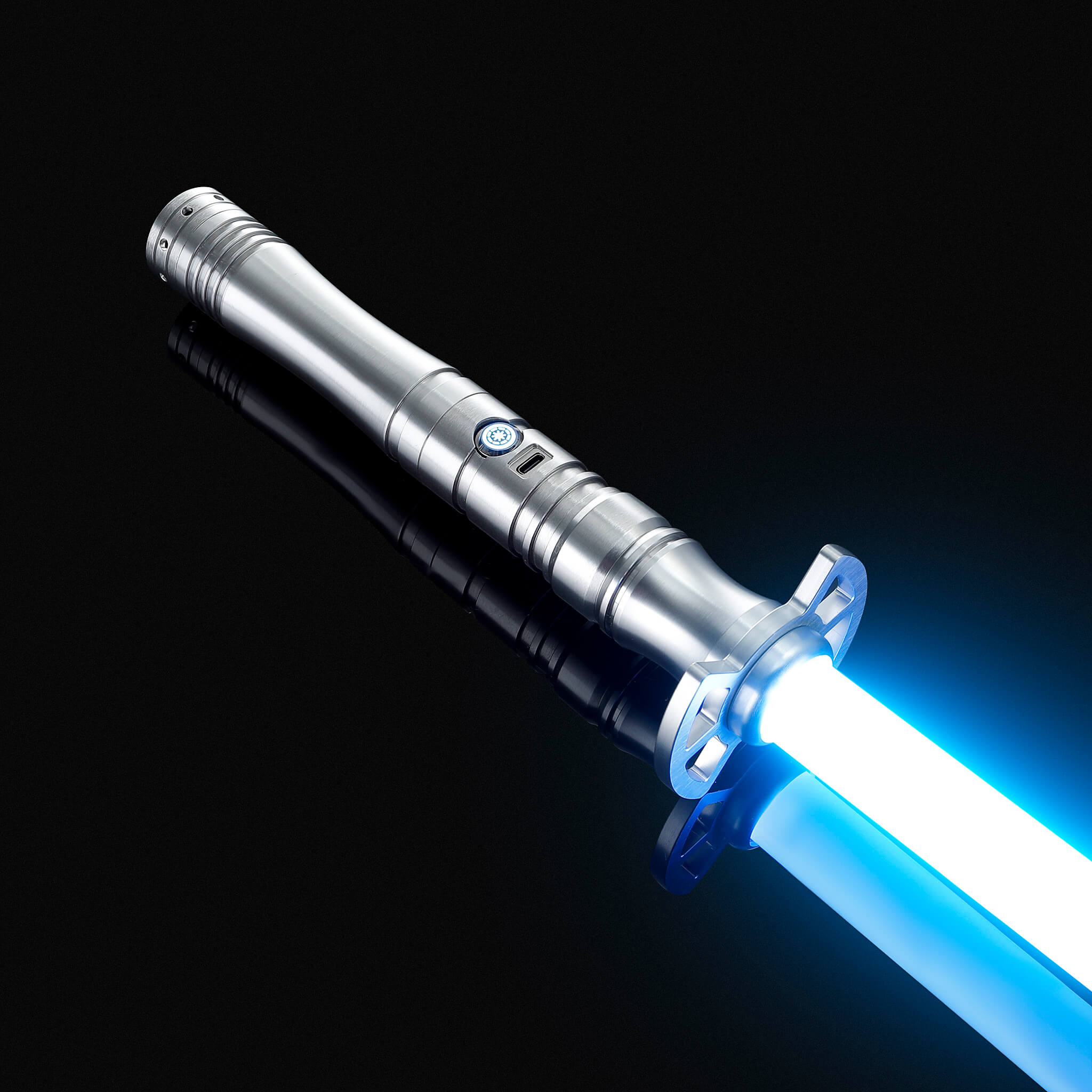 Premium silver aluminum hilt lightsaber glowing with a brilliant blue light