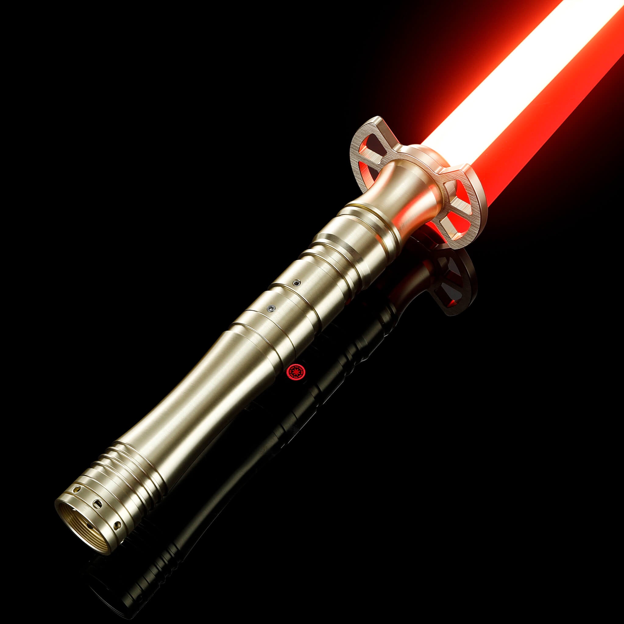 Gold metal hilt lightsaber illuminated with a bright red light for display