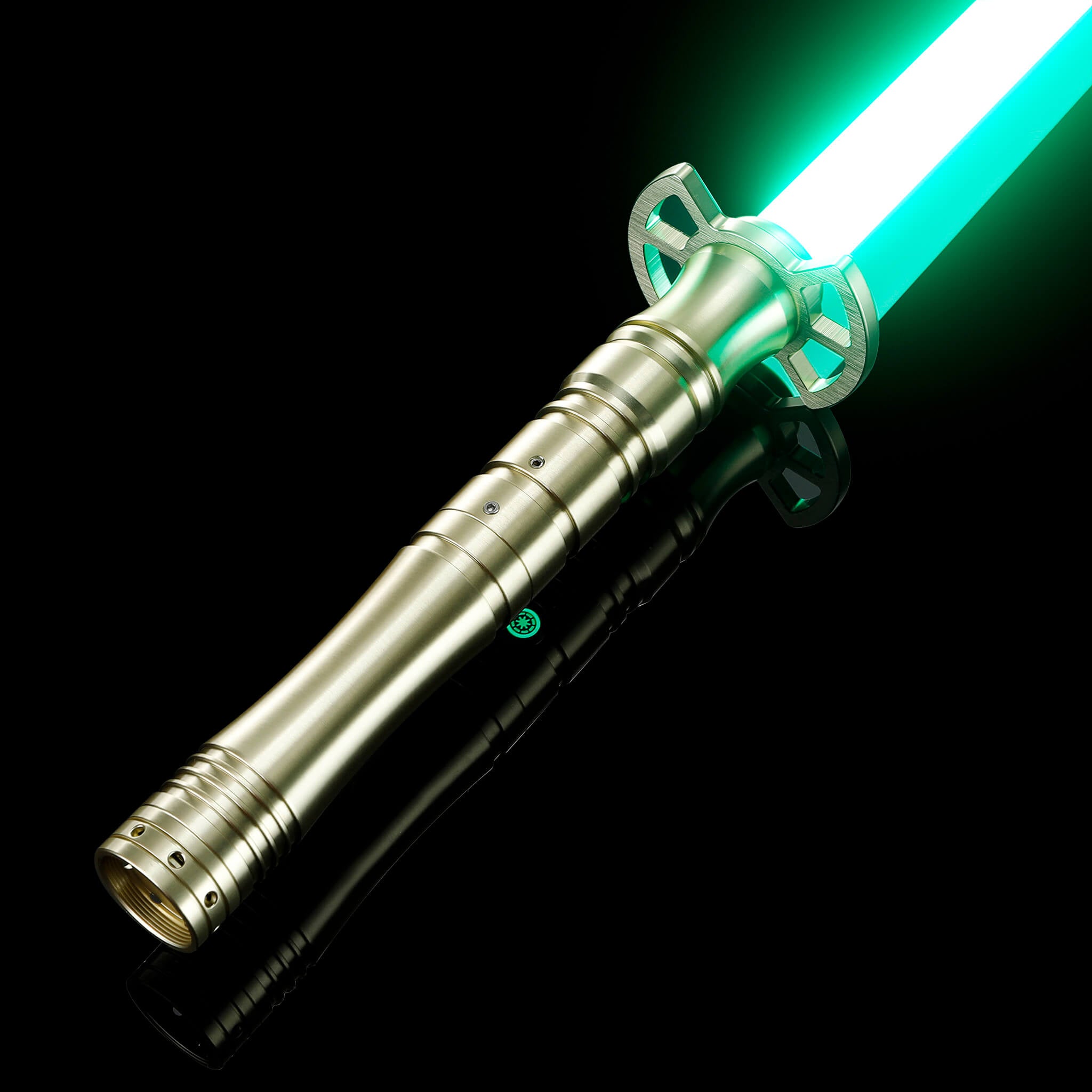 Luxury gold handle lightsaber glowing with a vibrant green blade