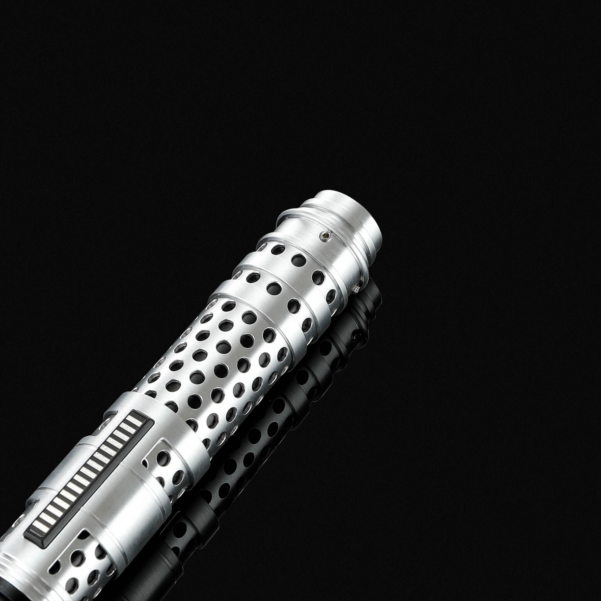 Detail view of Maul style mesh metal lightsaber emitter