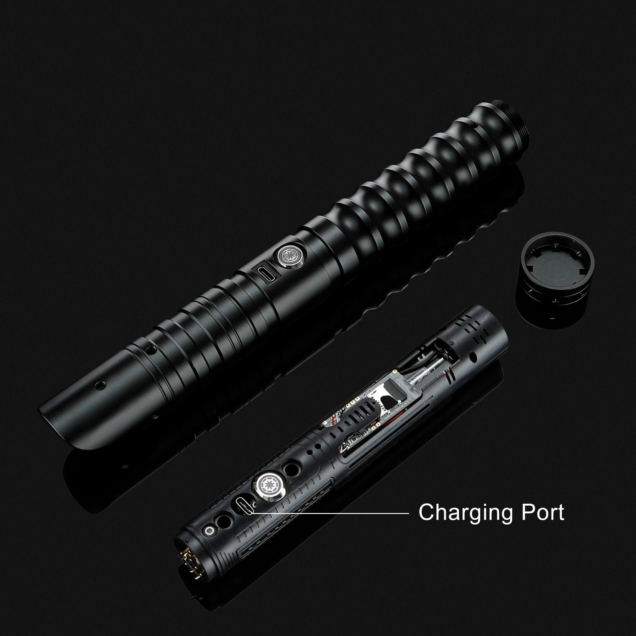 Type-C charging port detail on metal hilt dueling lightsaber