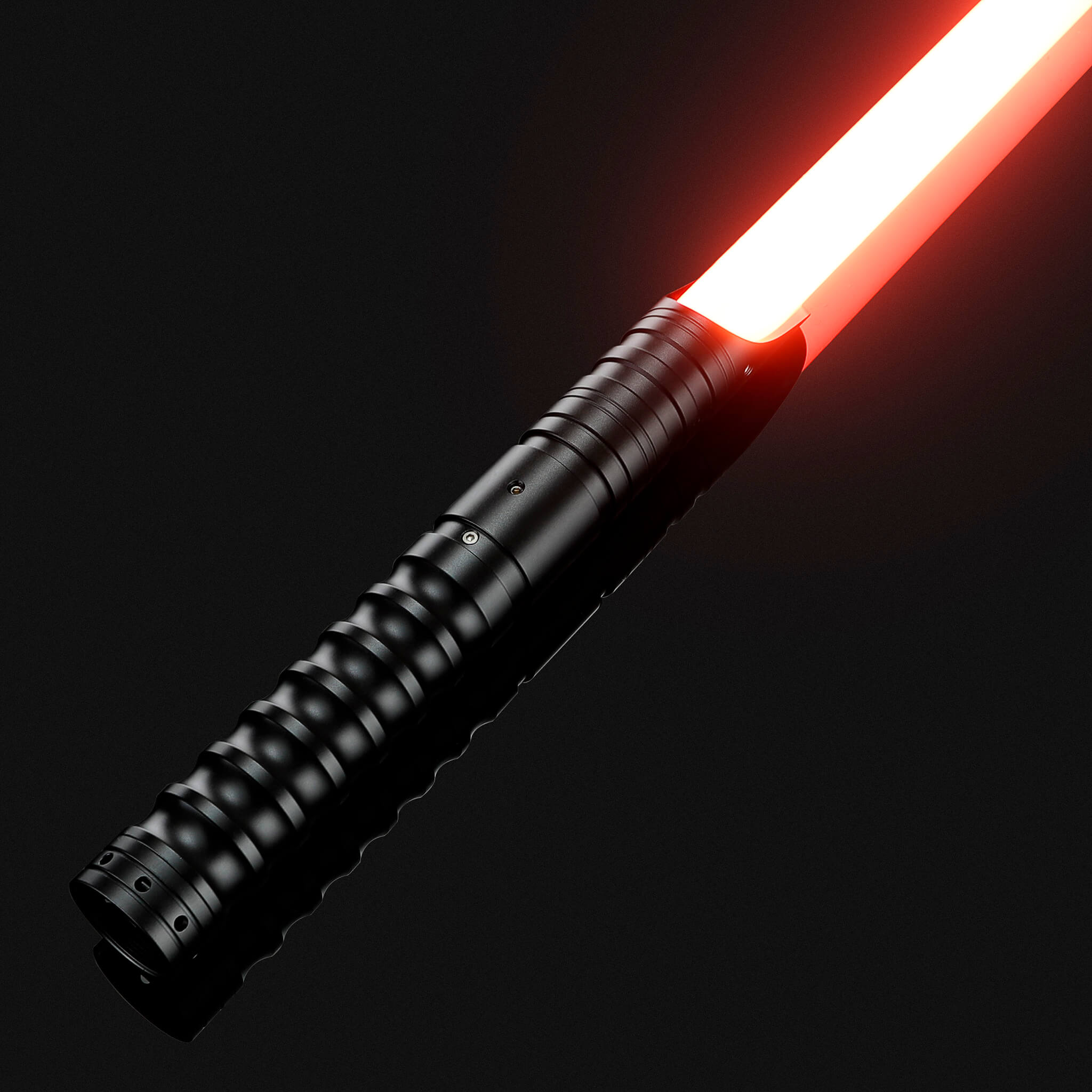 Heavy dueling lightsaber with black metal hilt and red blade