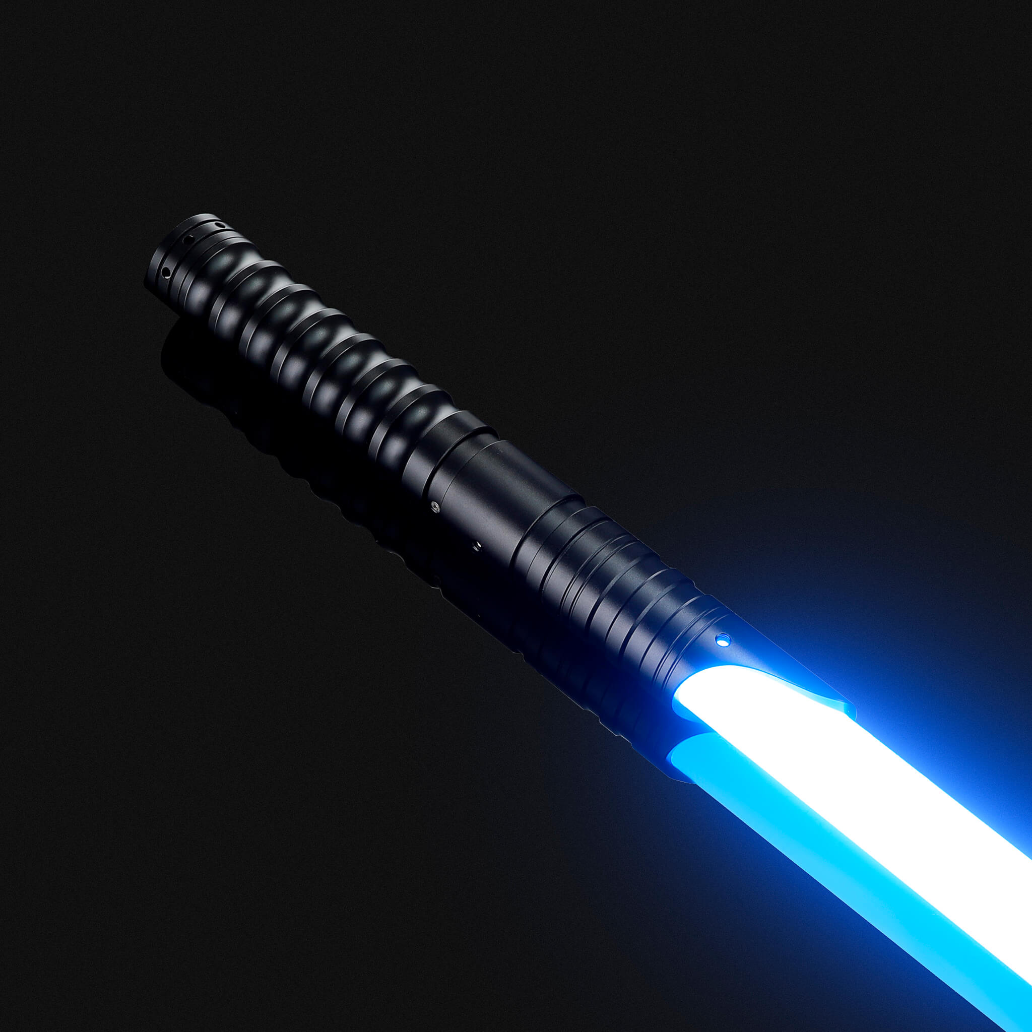 Black metal hilt dueling lightsaber with blue glowing blade