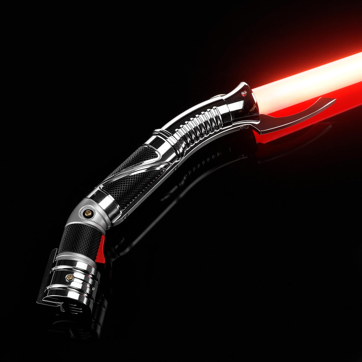 Dooku curved metal lightsaber with bright red glowing blade