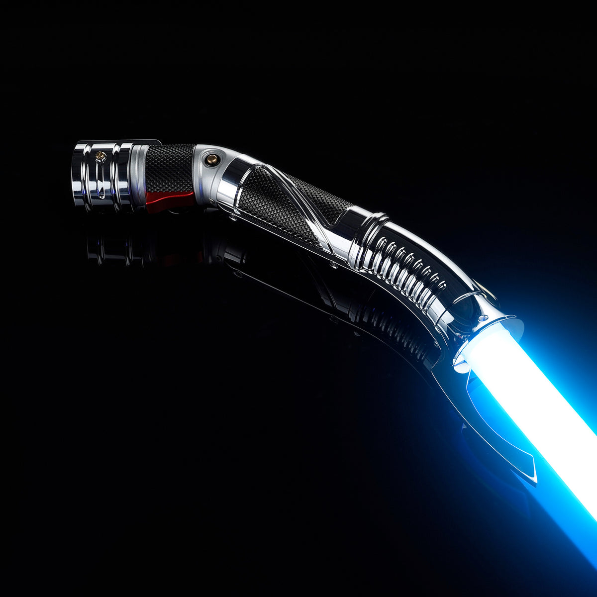 Dooku curved hilt lightsaber displaying vibrant blue pixel blade