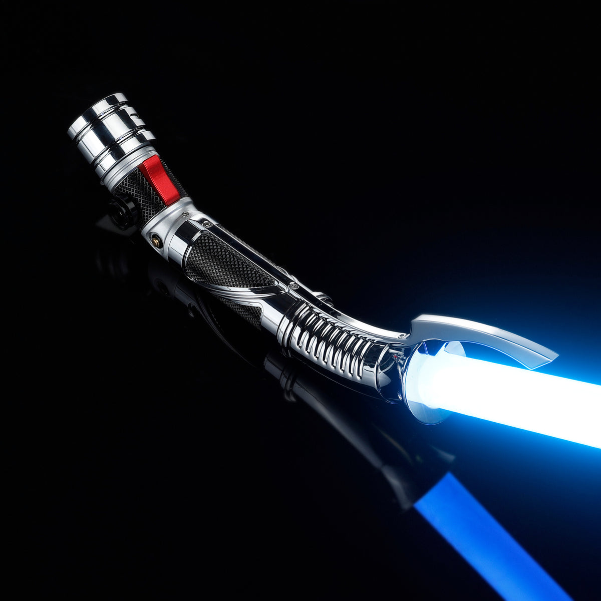 Close-up of Dooku curved chrome saber hilt with ice blue light