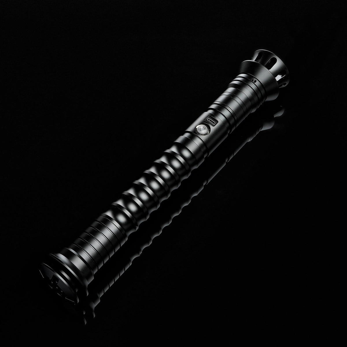 Black aircraft aluminum metal hilt lightsaber close up