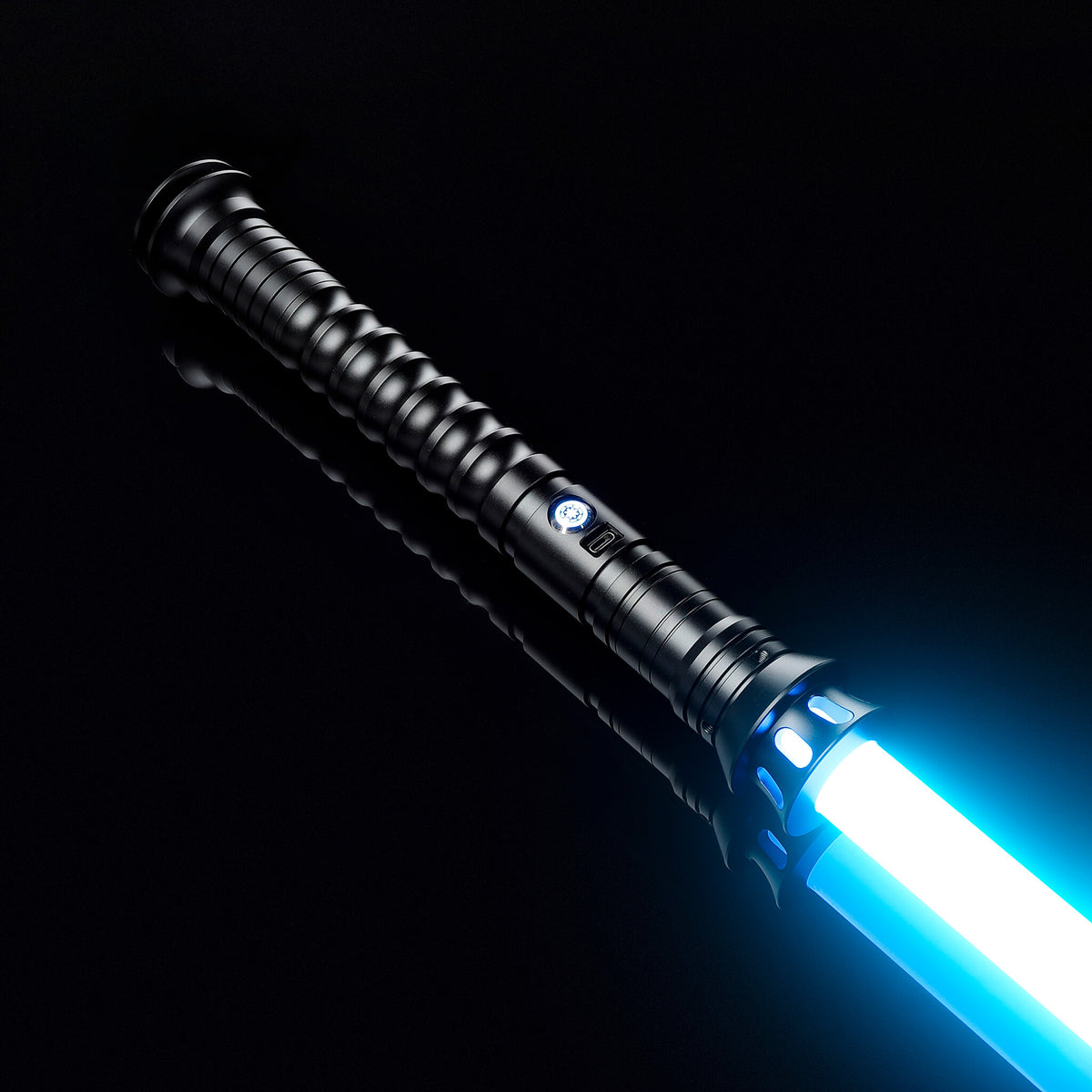 Black metal hilt lightsaber glowing with bright blue blade