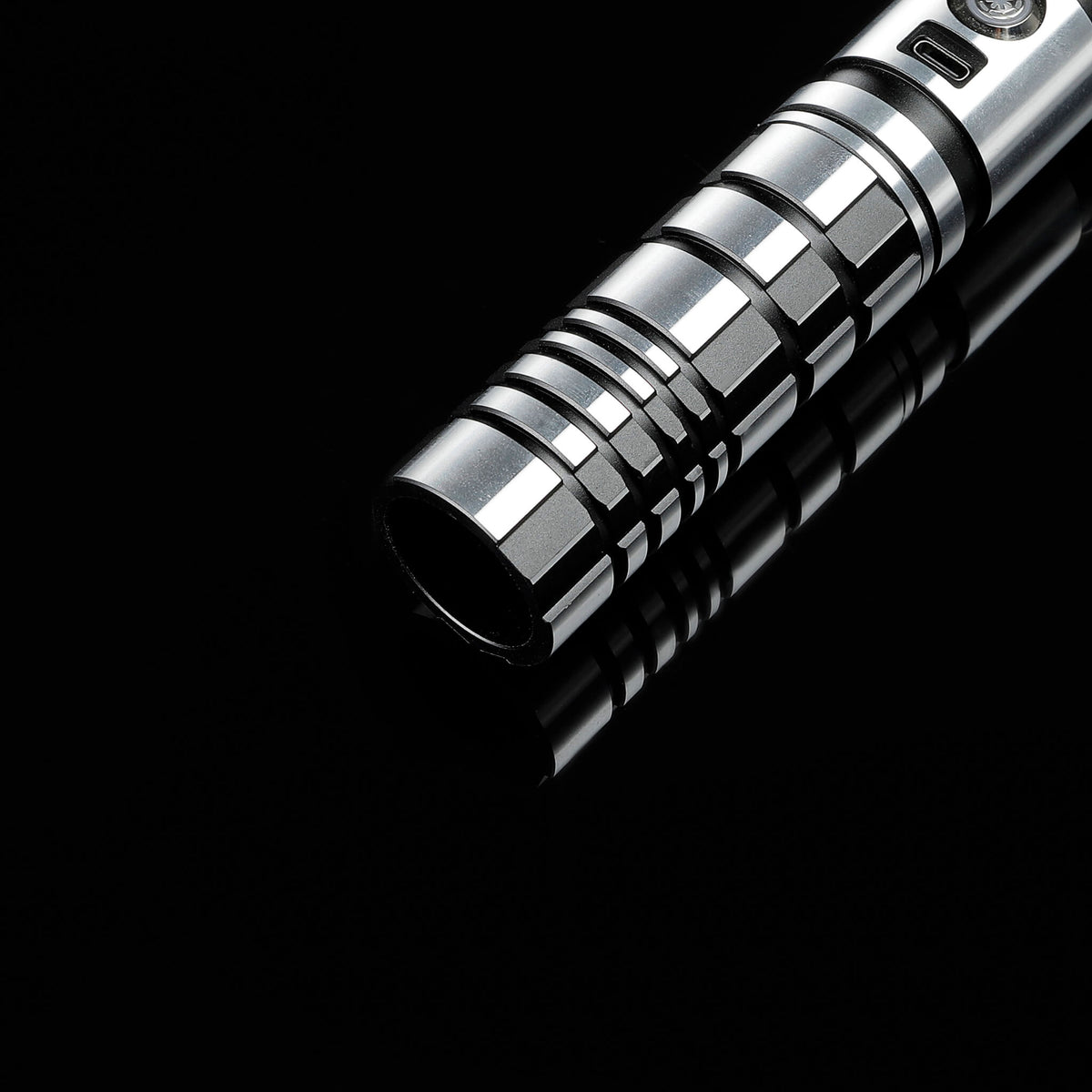 Lightsaber blade emitter detail on metal hilt