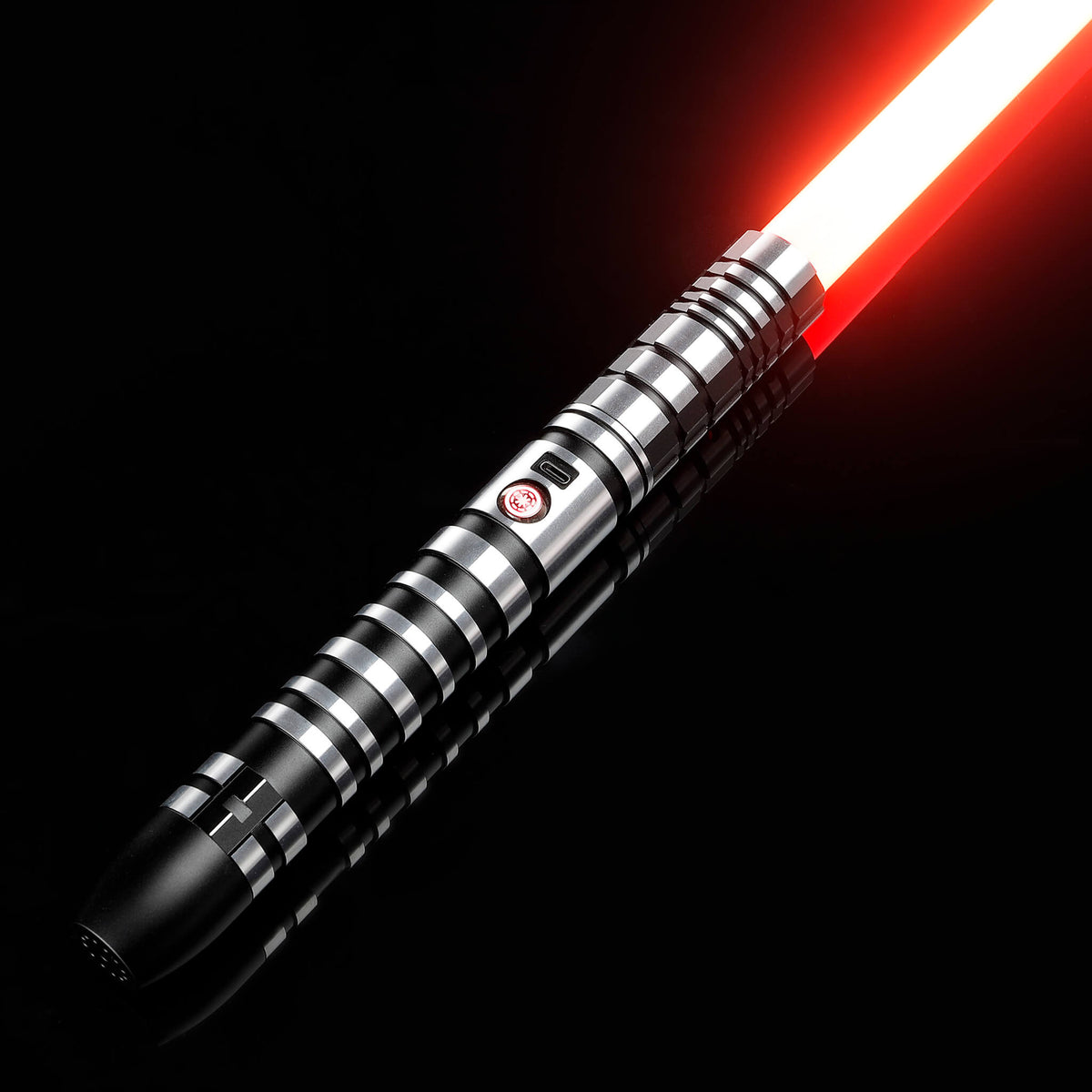 Metal hilt dueling lightsaber with glowing red blade
