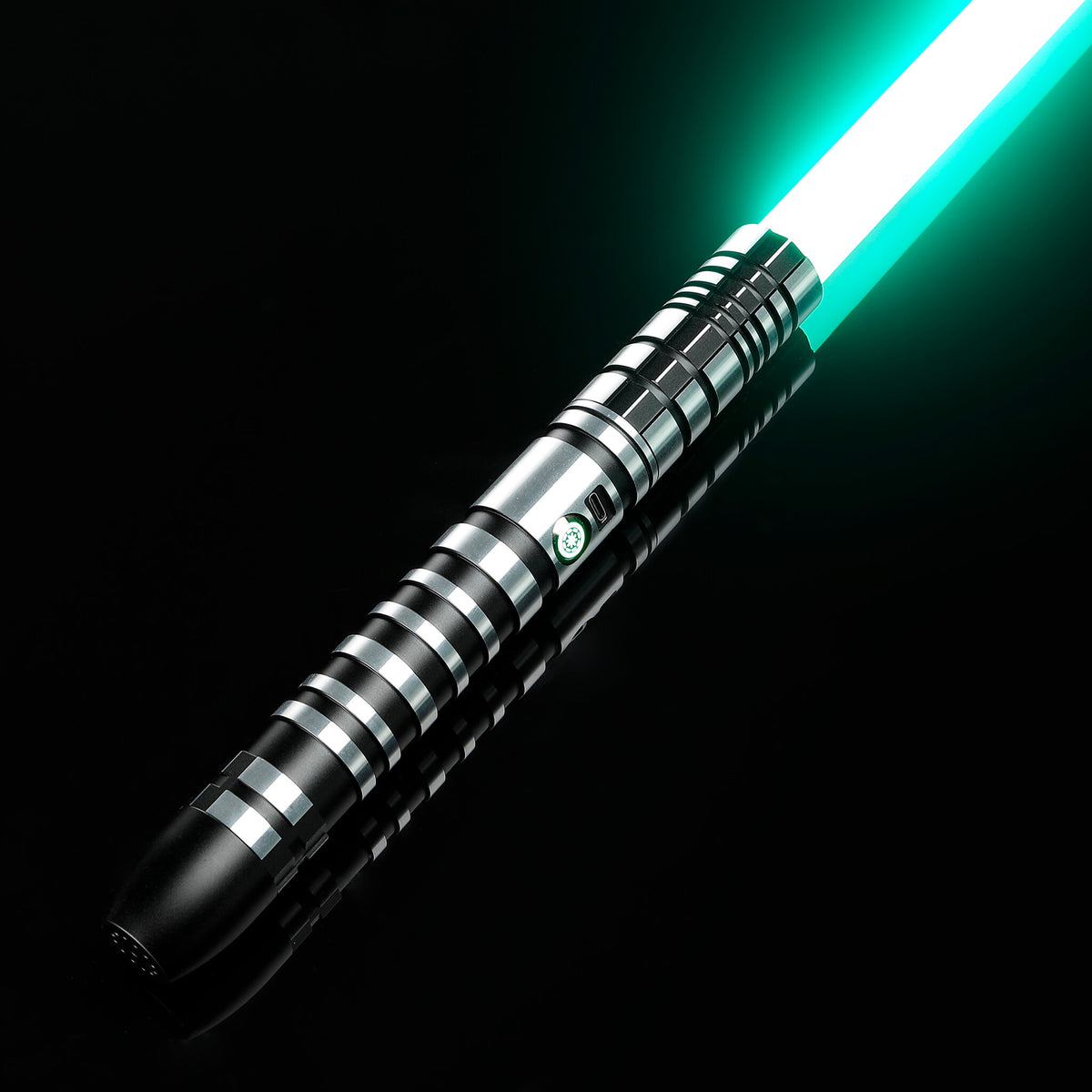 Black metal dueling lightsaber with illuminated green blade
