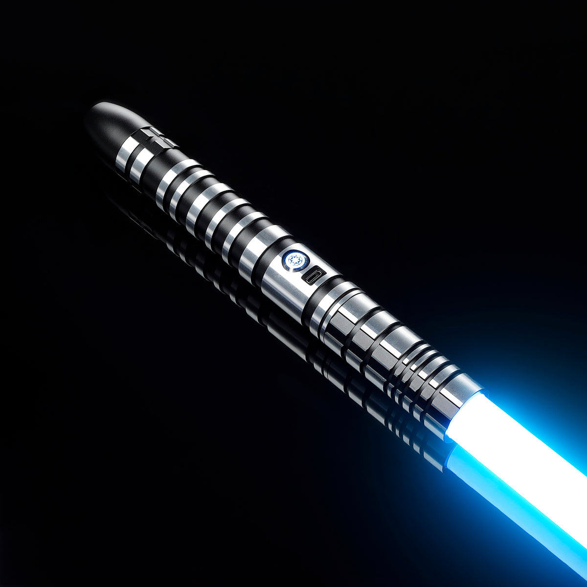 Black aluminum hilt lightsaber with glowing blue blade