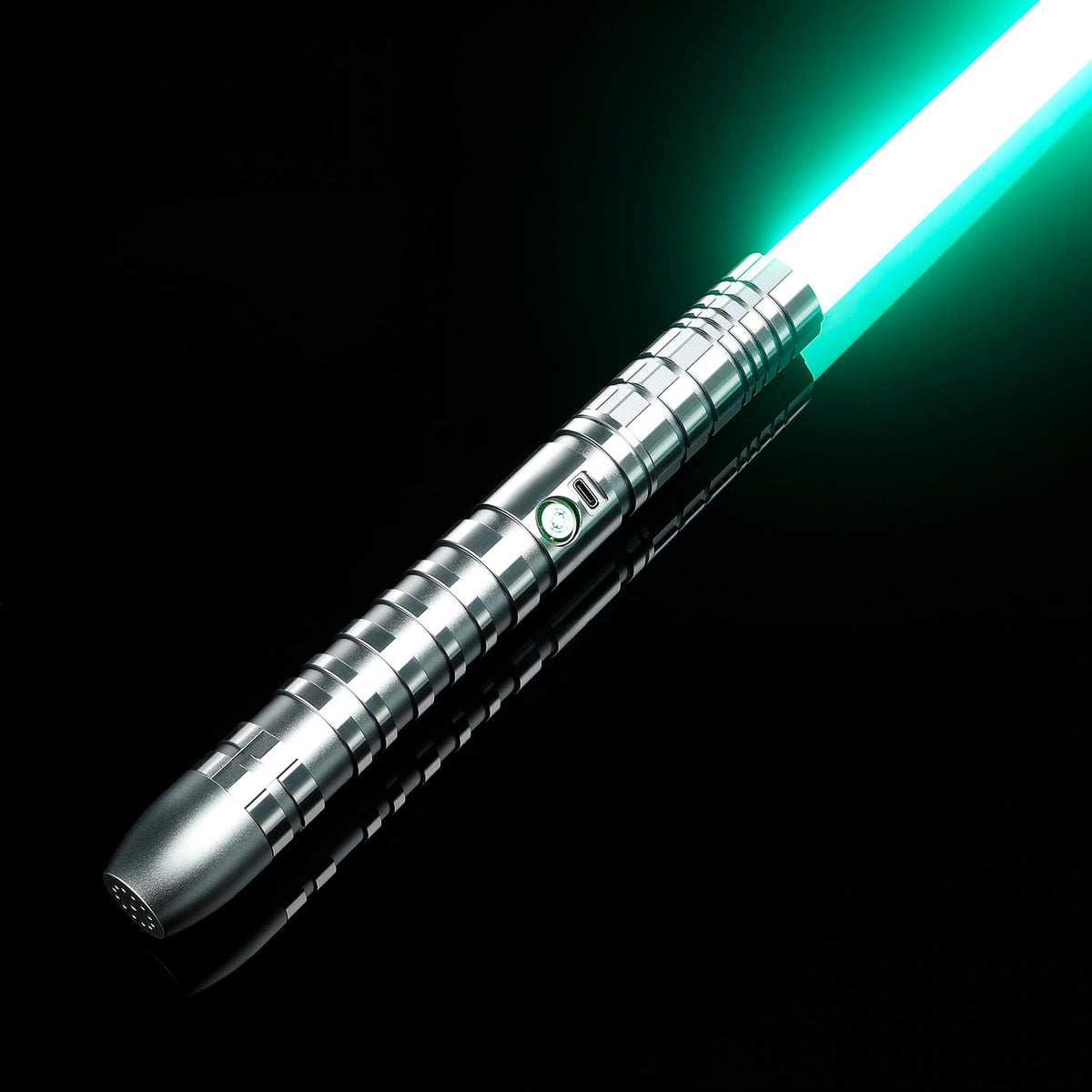 Silver aluminum lightsaber hilt with glowing green blade