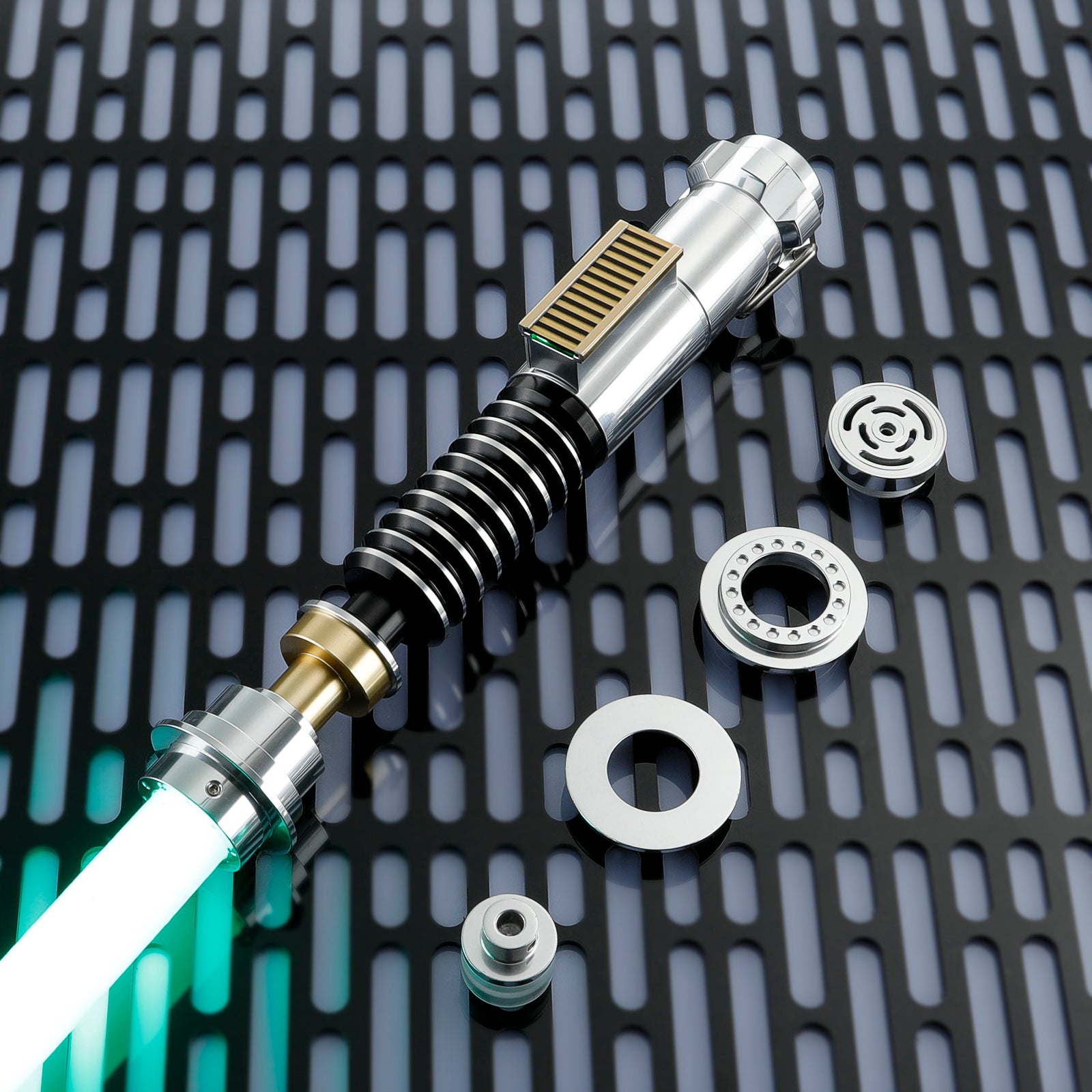 Micro-engraved Jedi Code spirals on Luke Skywalker Saber hilt threads for enhanced grip during Endor duels