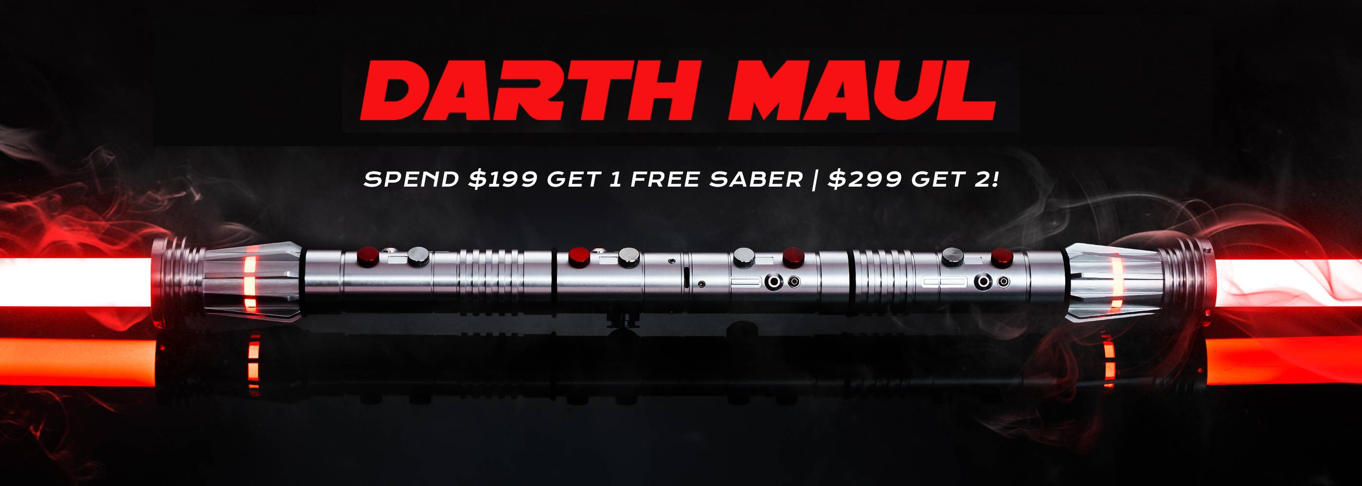 A realistic replica of Darth Maul's double-bladed red lightsaber igniting, set against a dark smoky background with the bold red text "DARTH MAUL" centered above the hilt.