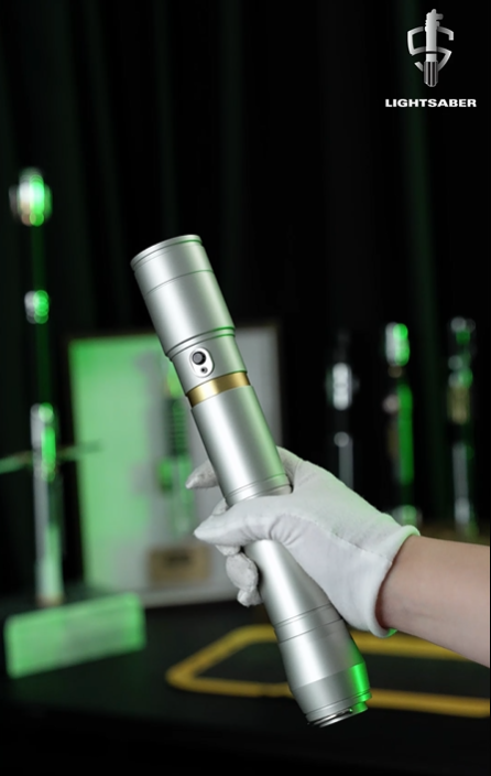 Close-up look at the minimalist refined metal design of Vernestra Rwoh lightsaber
