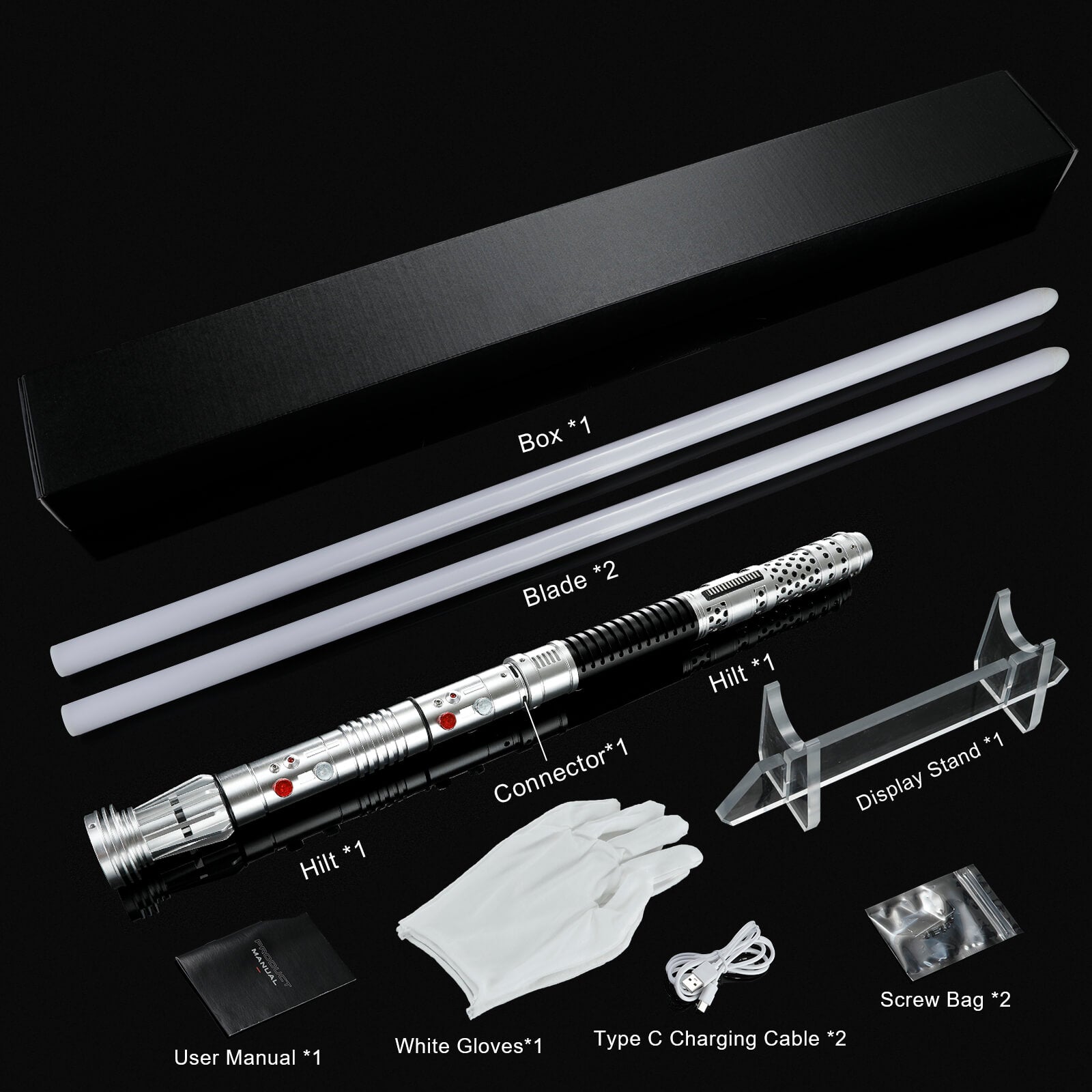 Complete Maul and Ventress lightsaber set packaging with blades and stand